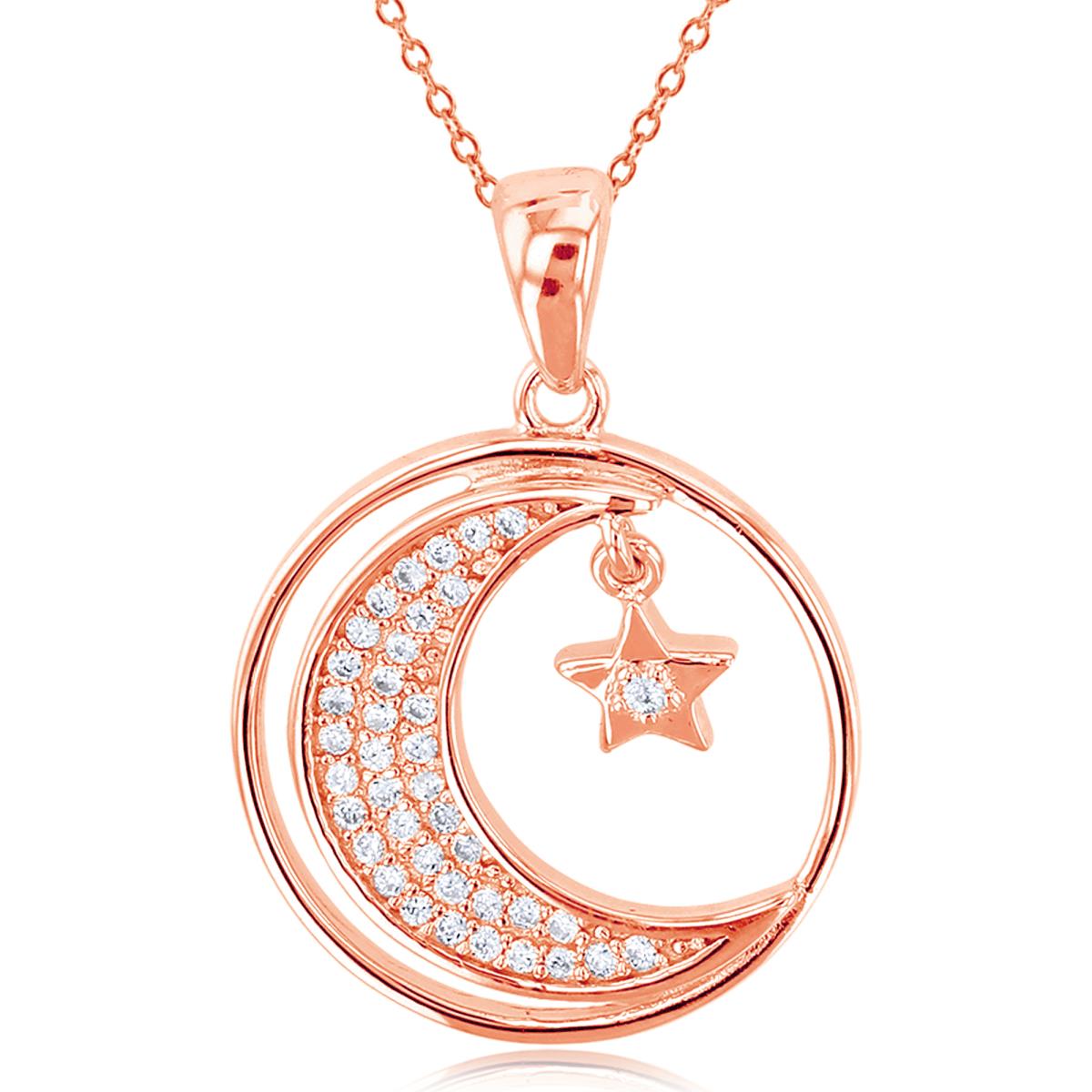 Sterling Silver Rose Rnd CZ Micropave Moon & Dangling Star in Circle 18"Necklace