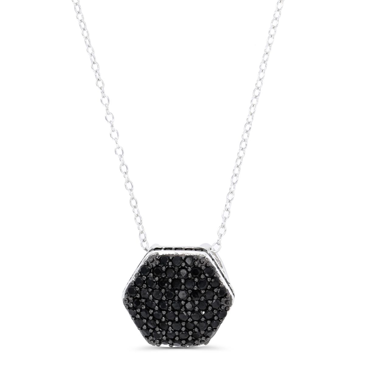 Sterling Silver Rhodium & Black Rnd Black Spinel Pave Pufy Hexagon 18+2"Necklace
