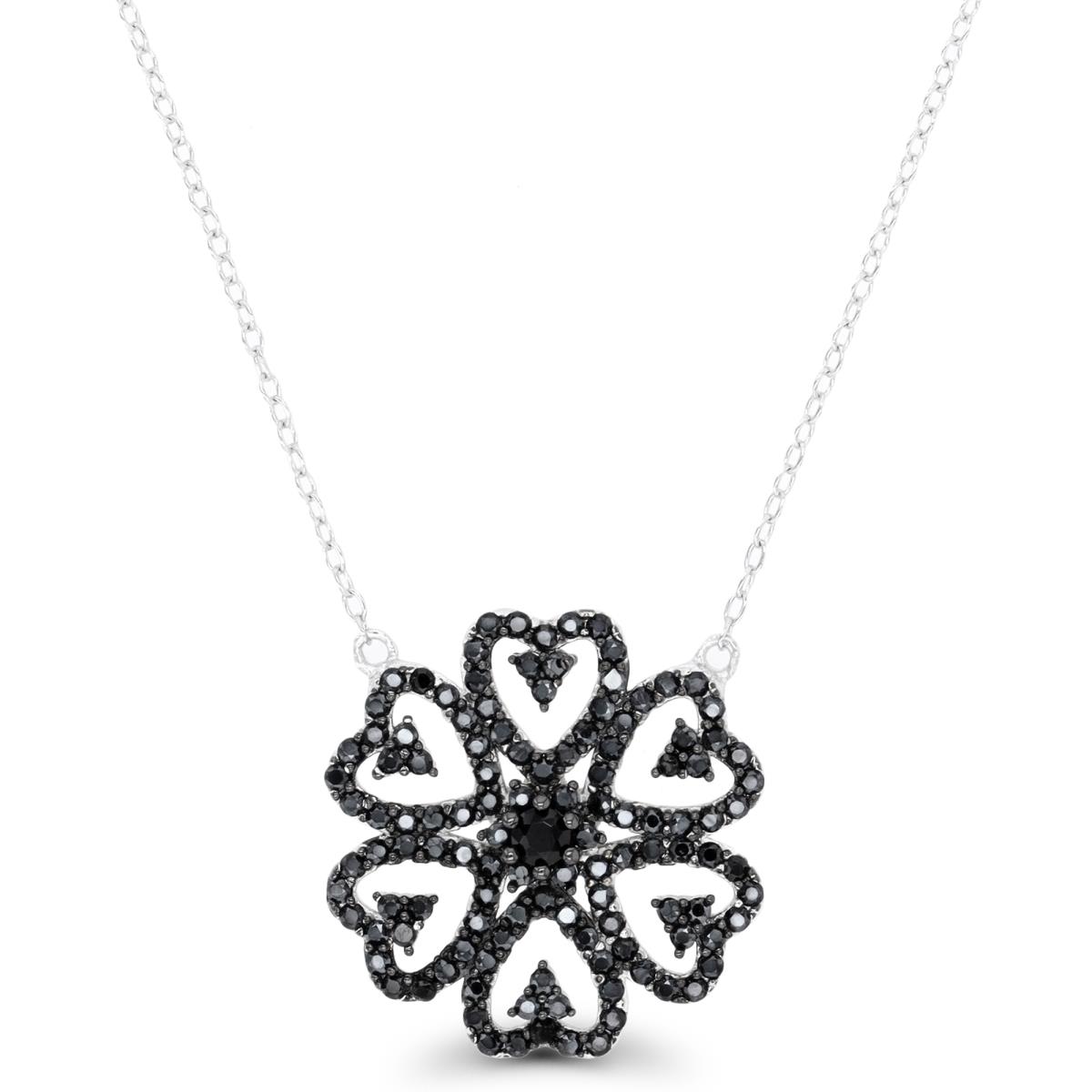 Sterling Silver Rhodium & Black Rnd Black Spinel Flower 18"Necklace
