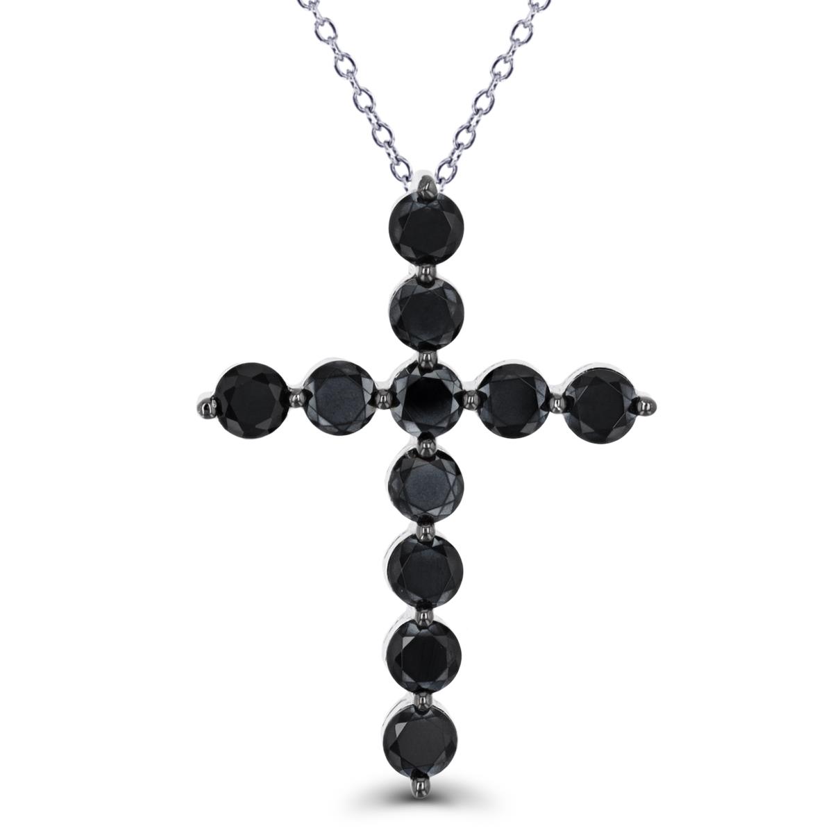 Sterling Silver Rhodium & Black 4mm Rnd Black Spinel Cross 18"Necklace