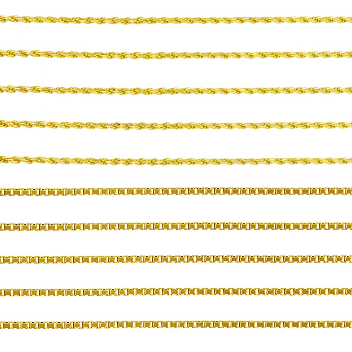 Sterling Silver Yellow 1-Micron 18" Set of 5 Box & 5 Rope Chains