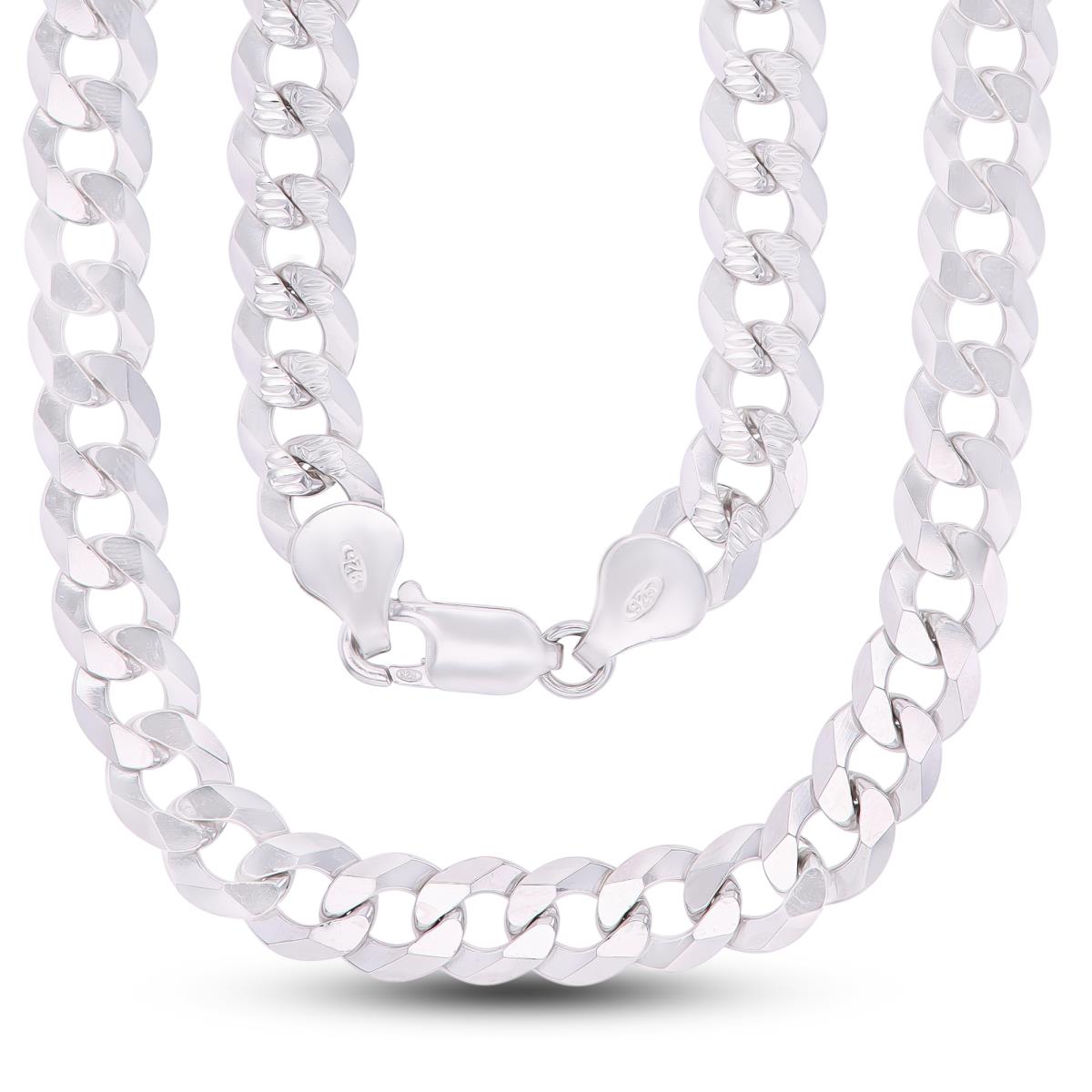 Sterling Silver Rhodium DC 7.6mm 200 Curb Pave 22"Chain 