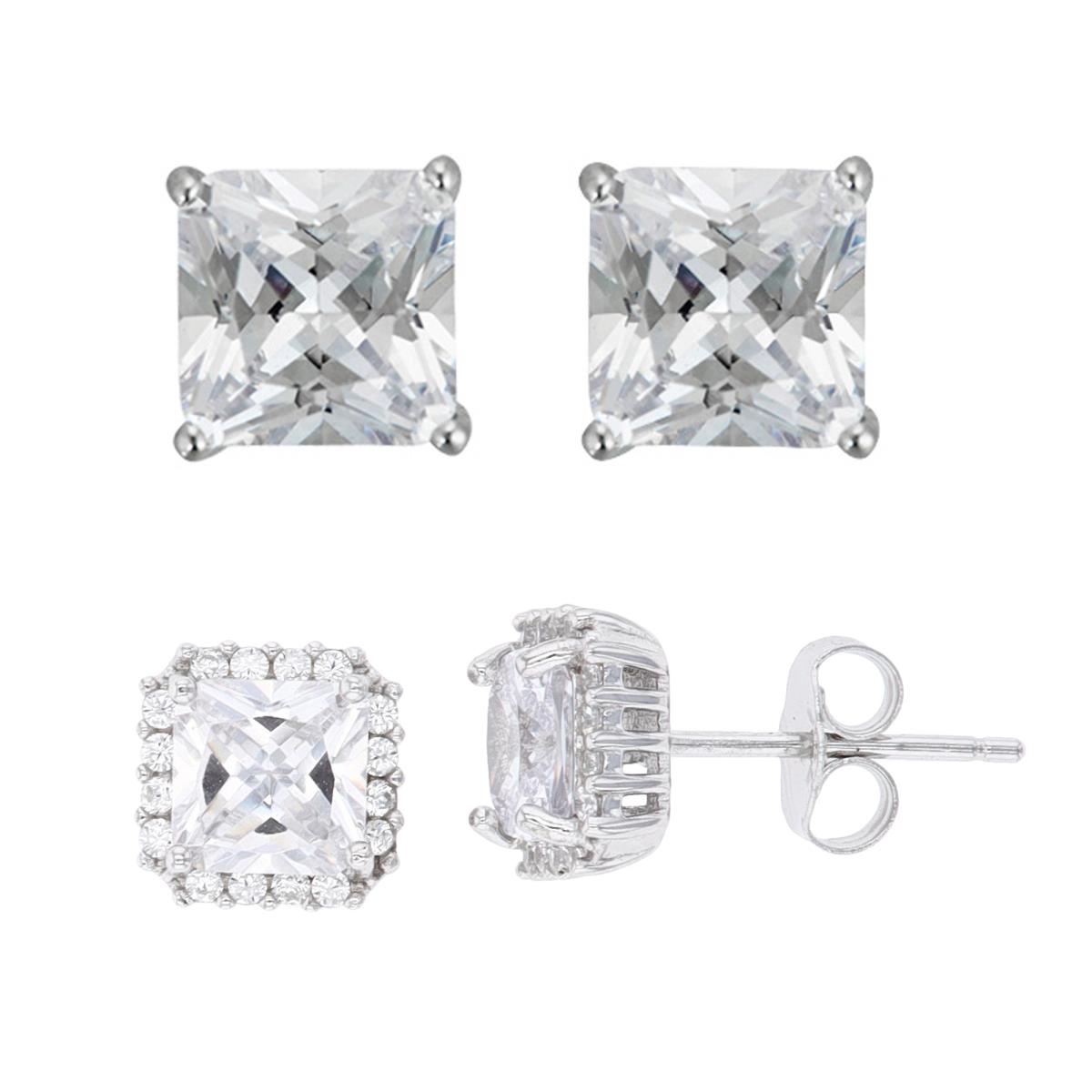 Sterling Silver Rhodium 6mm & 8mm Square CZ Halo Stud Earring Set