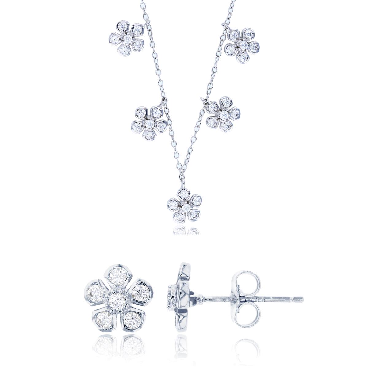 Sterling Silver Rhodium Rnd CZ Flowers 18" Necklace & Stud Earring Set
