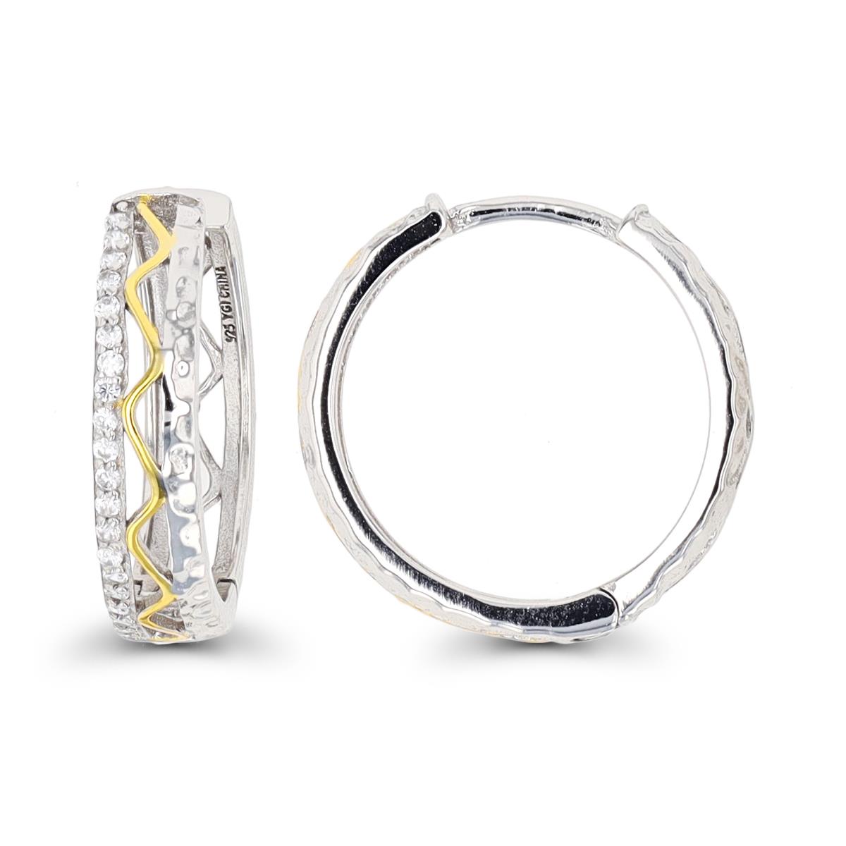 Sterling Silver Two-Tone Hammered CZ Zigzag Hoop Earring