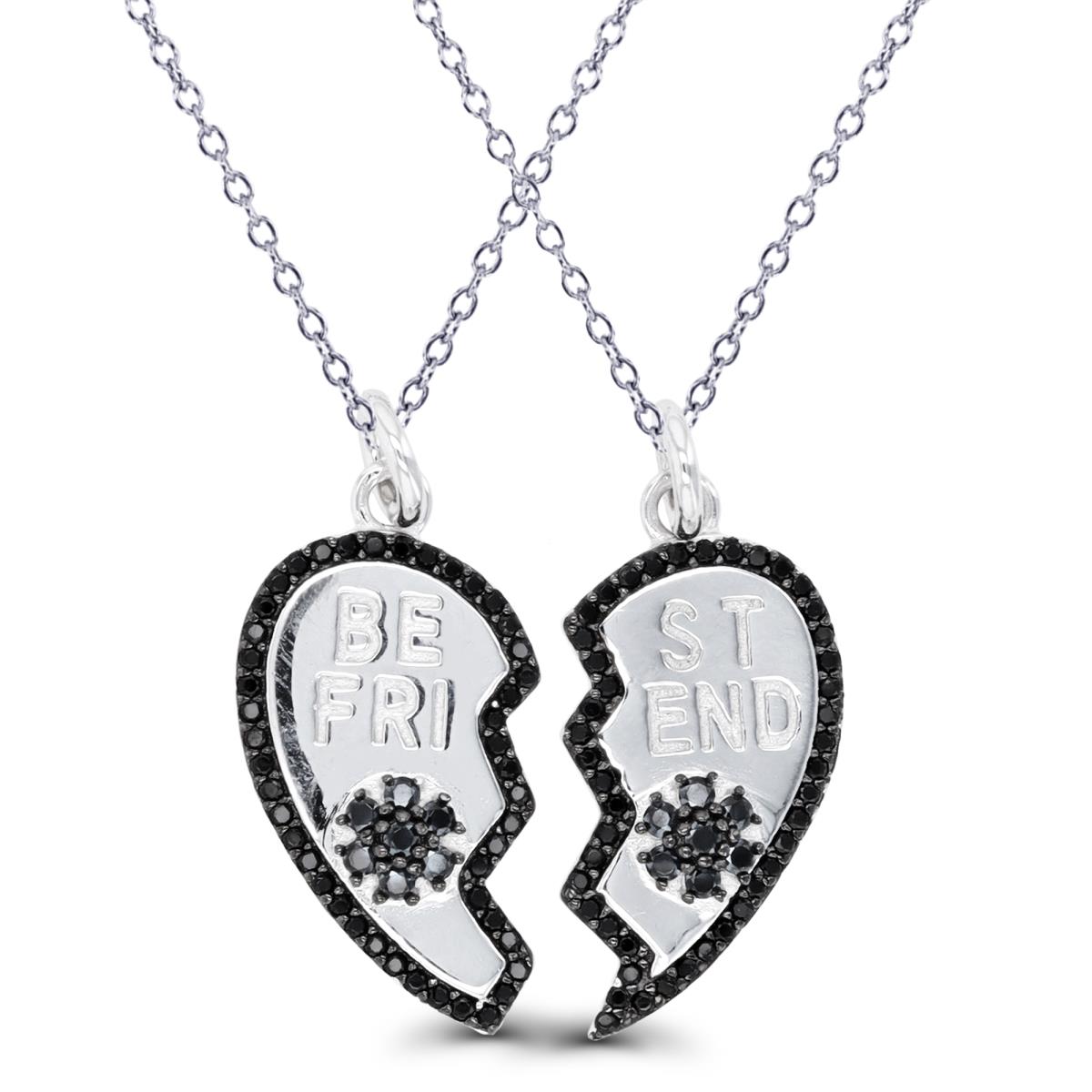 Sterling Silver Rhodium & Black Rnd Black Spinel "Be Friend" Divided Heart 18" Necklace (2 Chains)