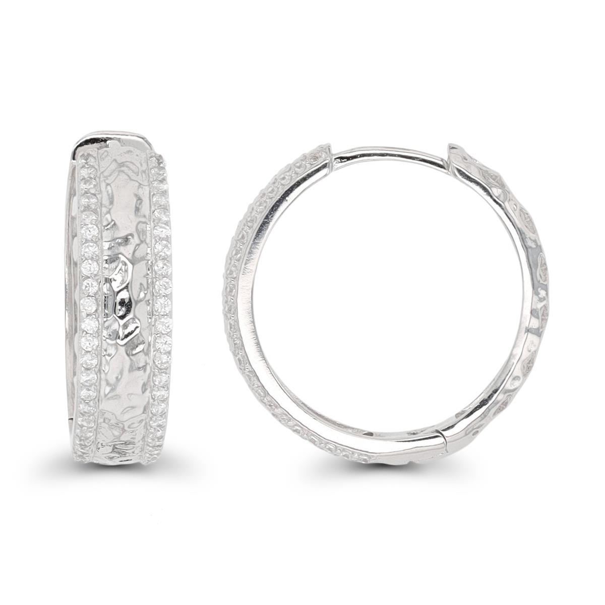 Sterling Silver Rhodium CZ Sides Hammered Middle Hoop Earring