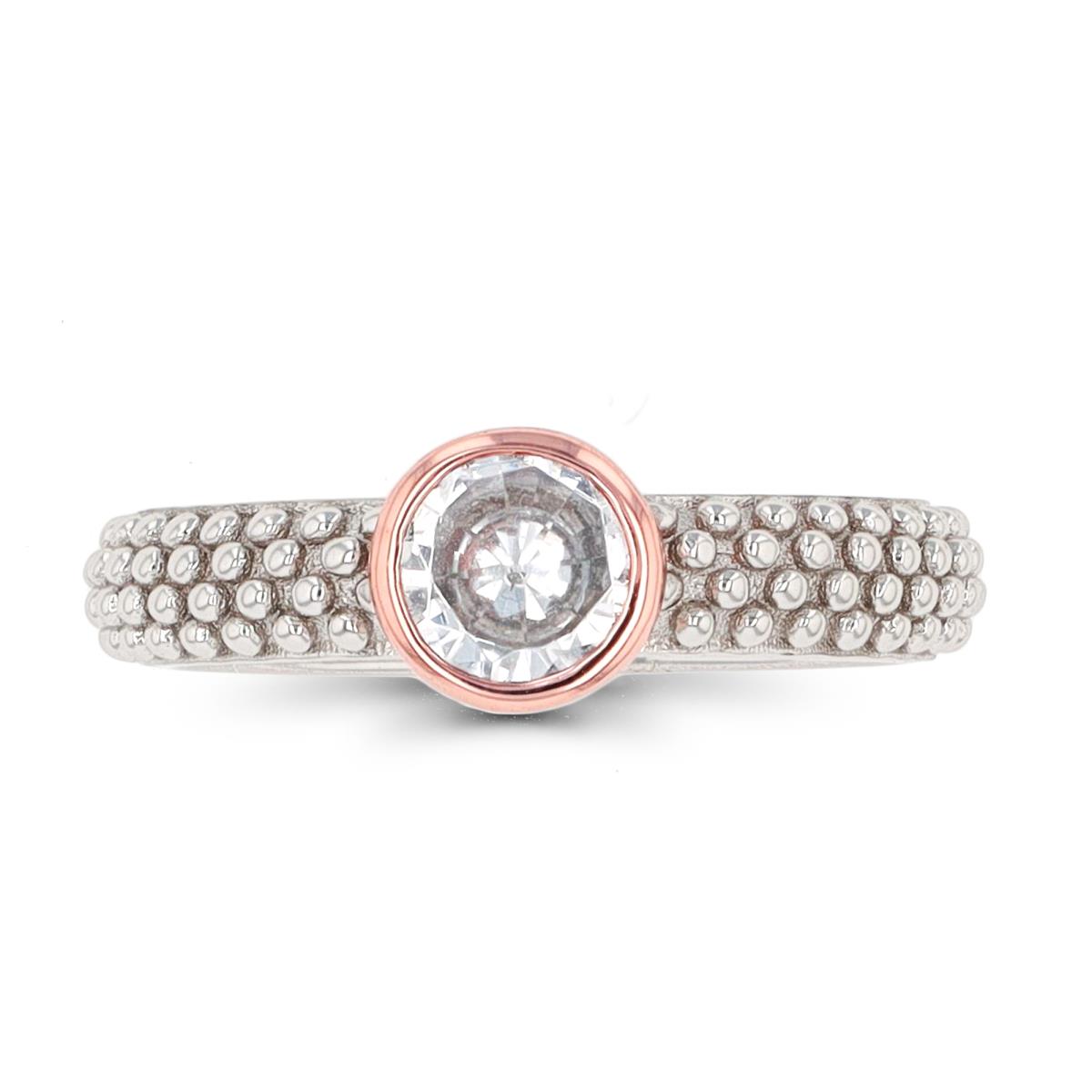 Sterling Silver Rose & Rhodium 6mm Rd CZ Bezel Bubble Fashion Ring