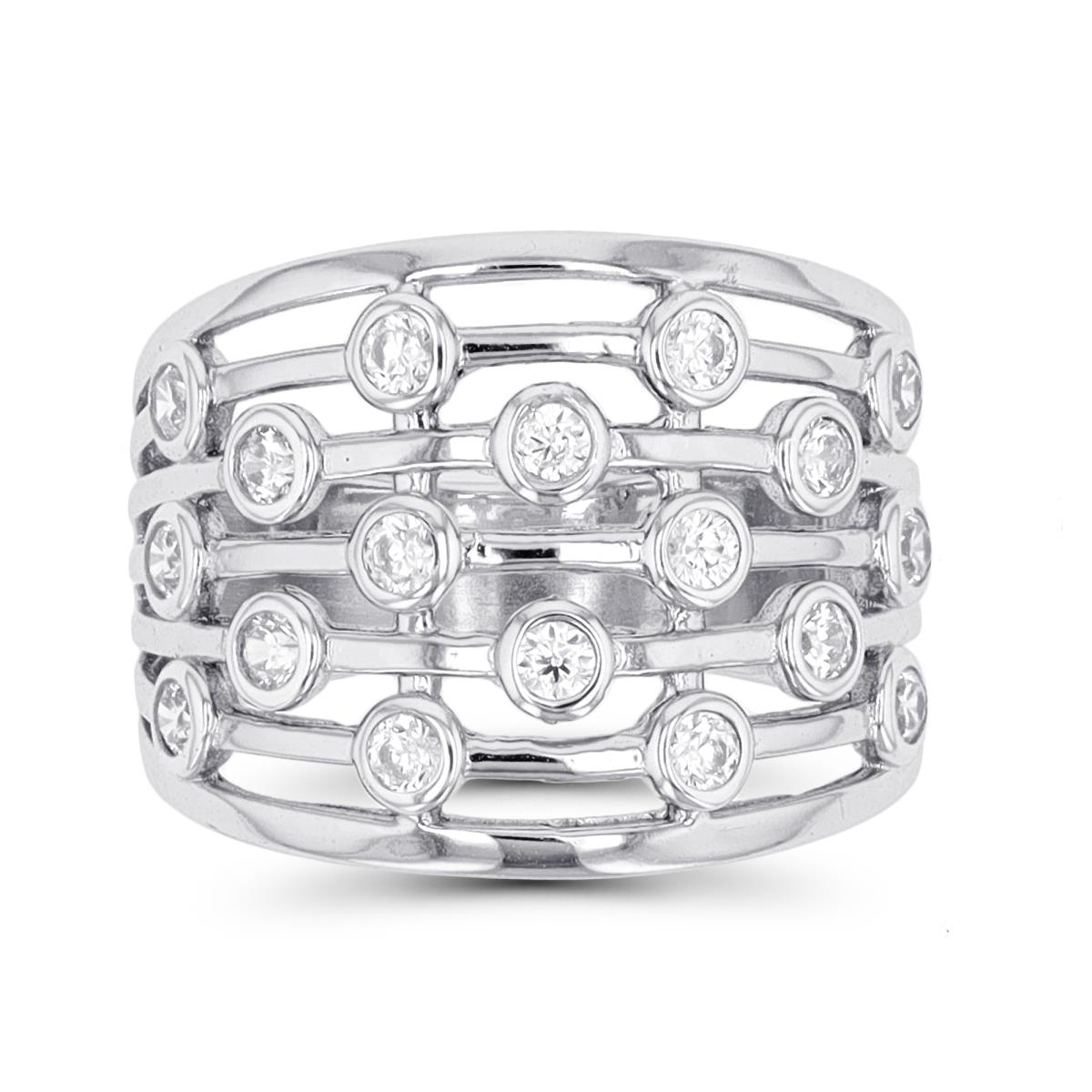 Sterling Silver Rhodium Multi Row Bezel CZ Fashion Ring