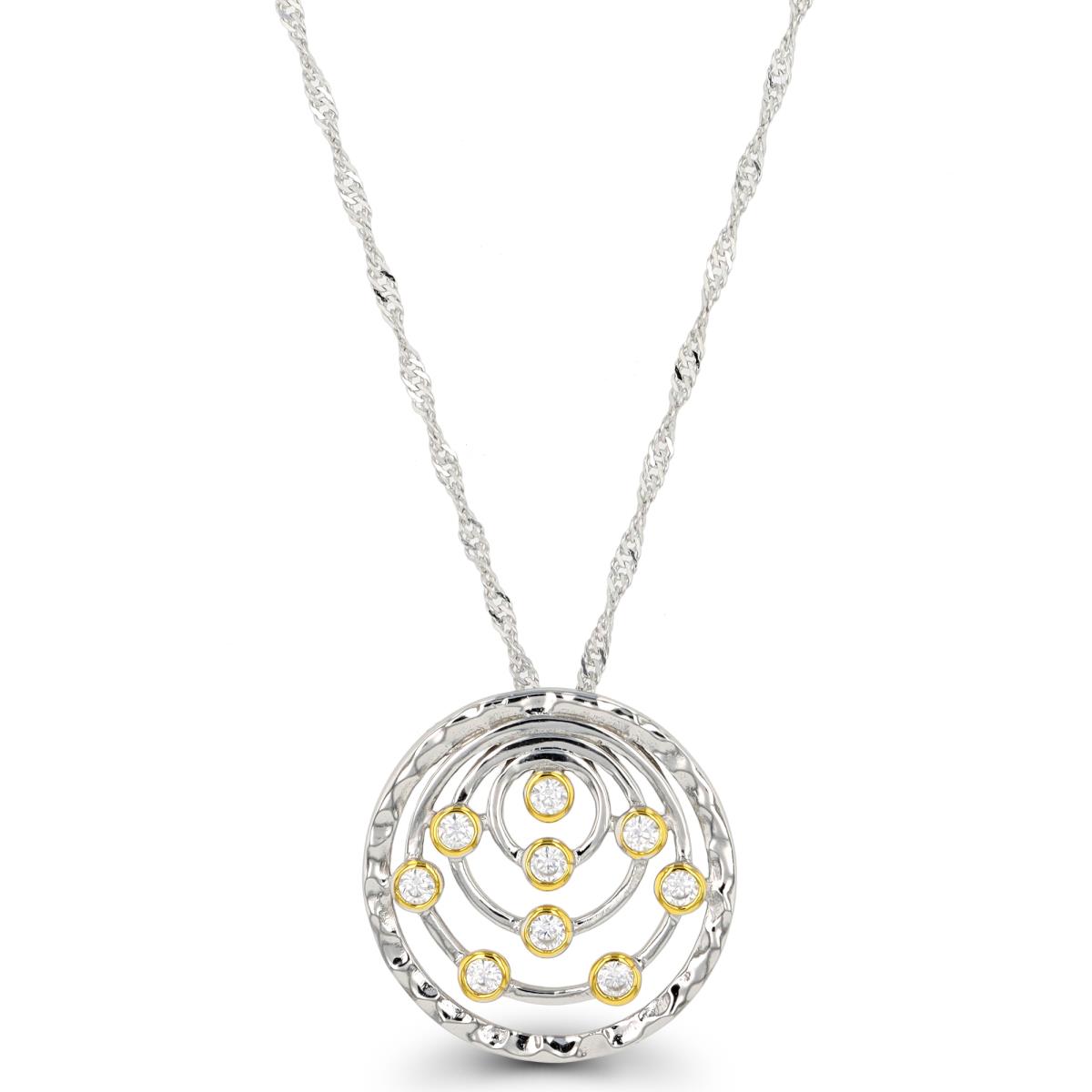 Sterling Silver Two-Tone Rd Bezel CZ Hammered Multi Circle 18"+2" Singapore Necklace