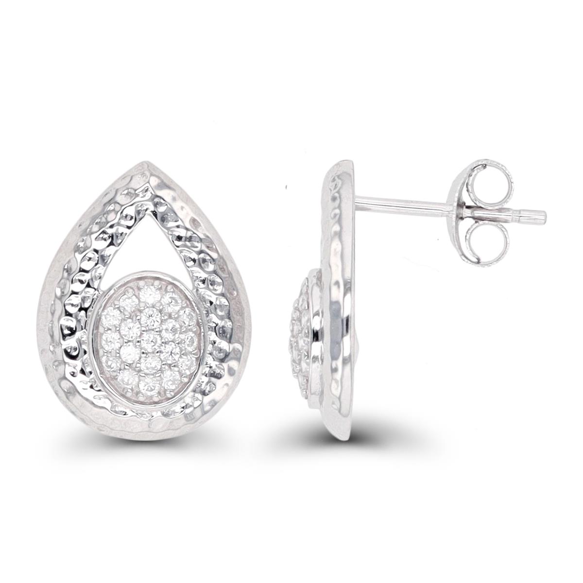 Sterling Silver Rhodium Paved CZ Hammered Pear Shaped Stud Earring