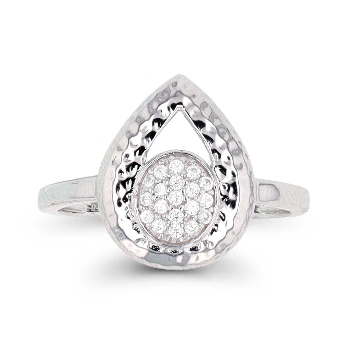 Sterling Silver Rhodium Pave CZ Hammered Pear Shaped Ring