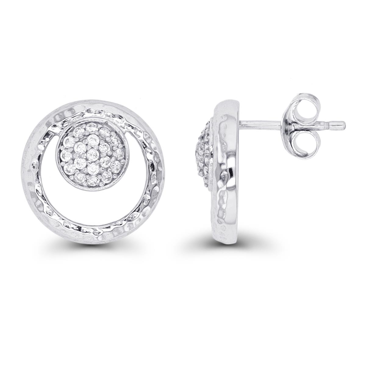 Sterling Silver Rhodium Paved CZ Hammered Circle Stud Earring
