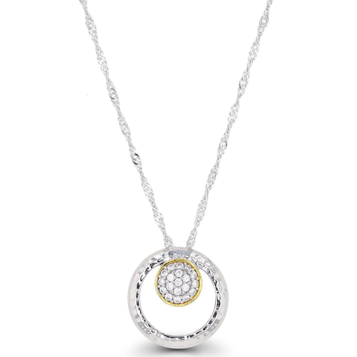Sterling Silver Two-Tone Paved CZ Hammered Circle 18"+2" Singapore Necklace