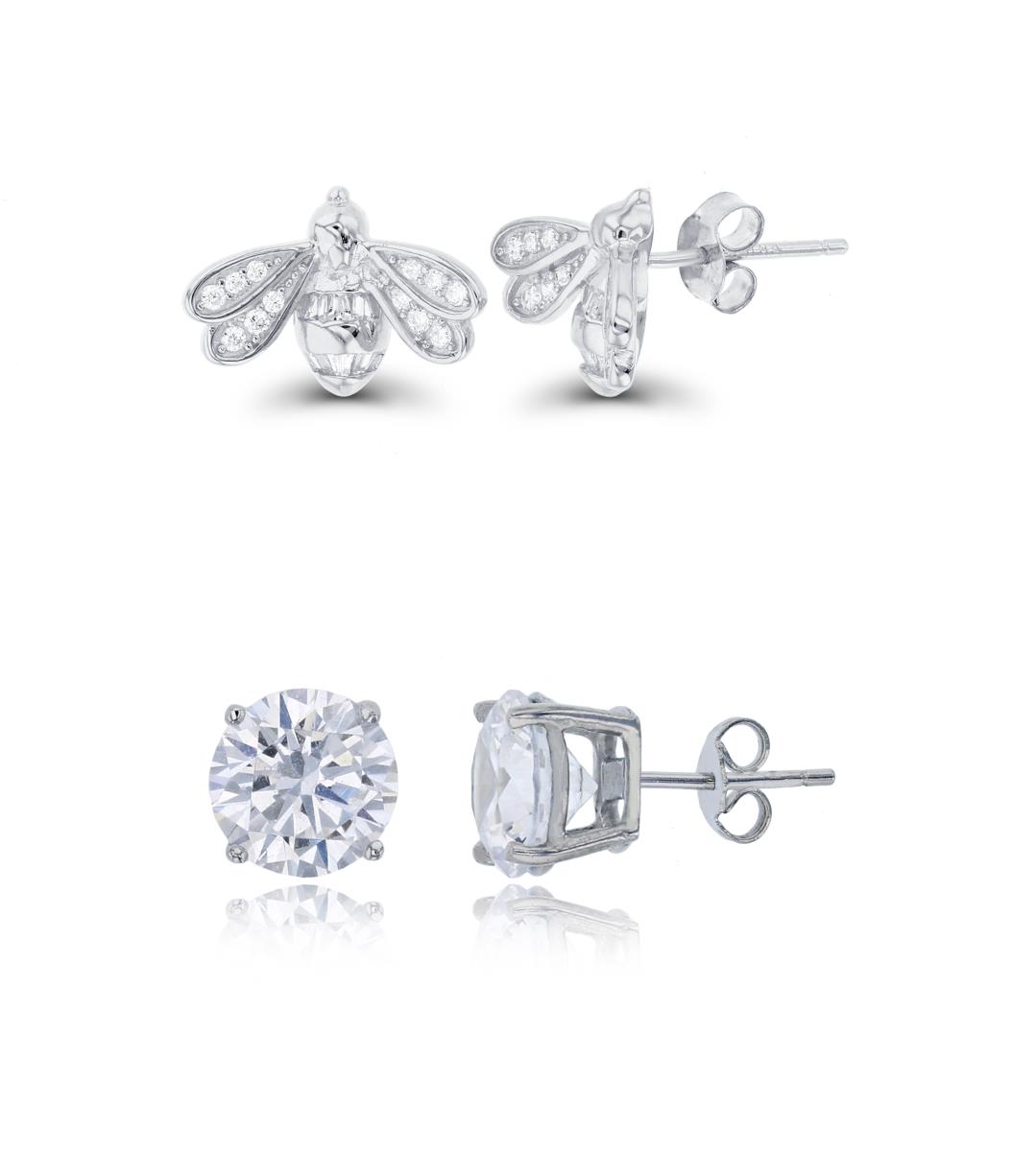 Sterling Silver Rhodium TB & Rd CZ Bee & 8mm Round Solitaire Stud Earring Set
