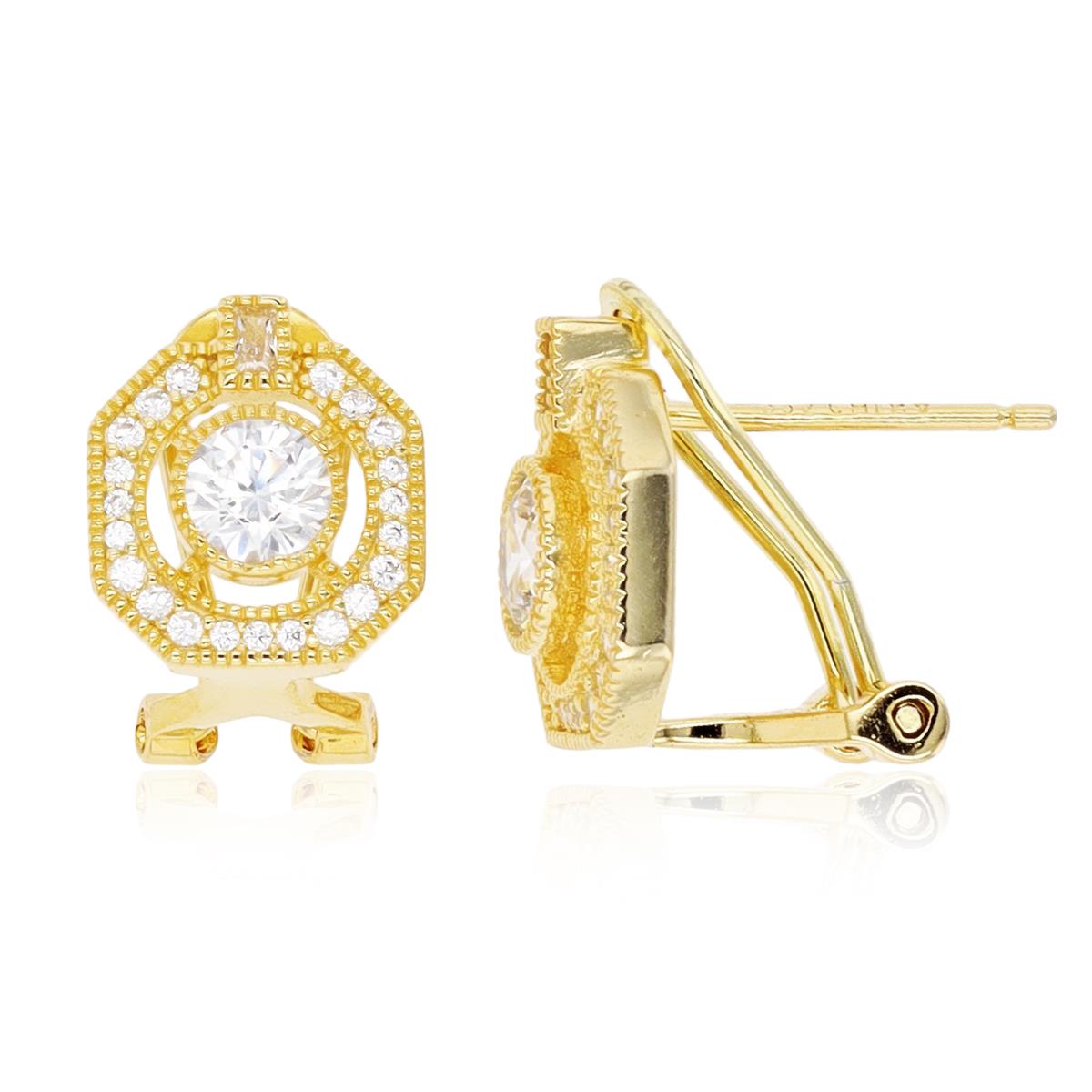 Sterling Silver Yellow 1-Micron Milgrain CZ Cushion Shaped Omegaback Huggie Earring