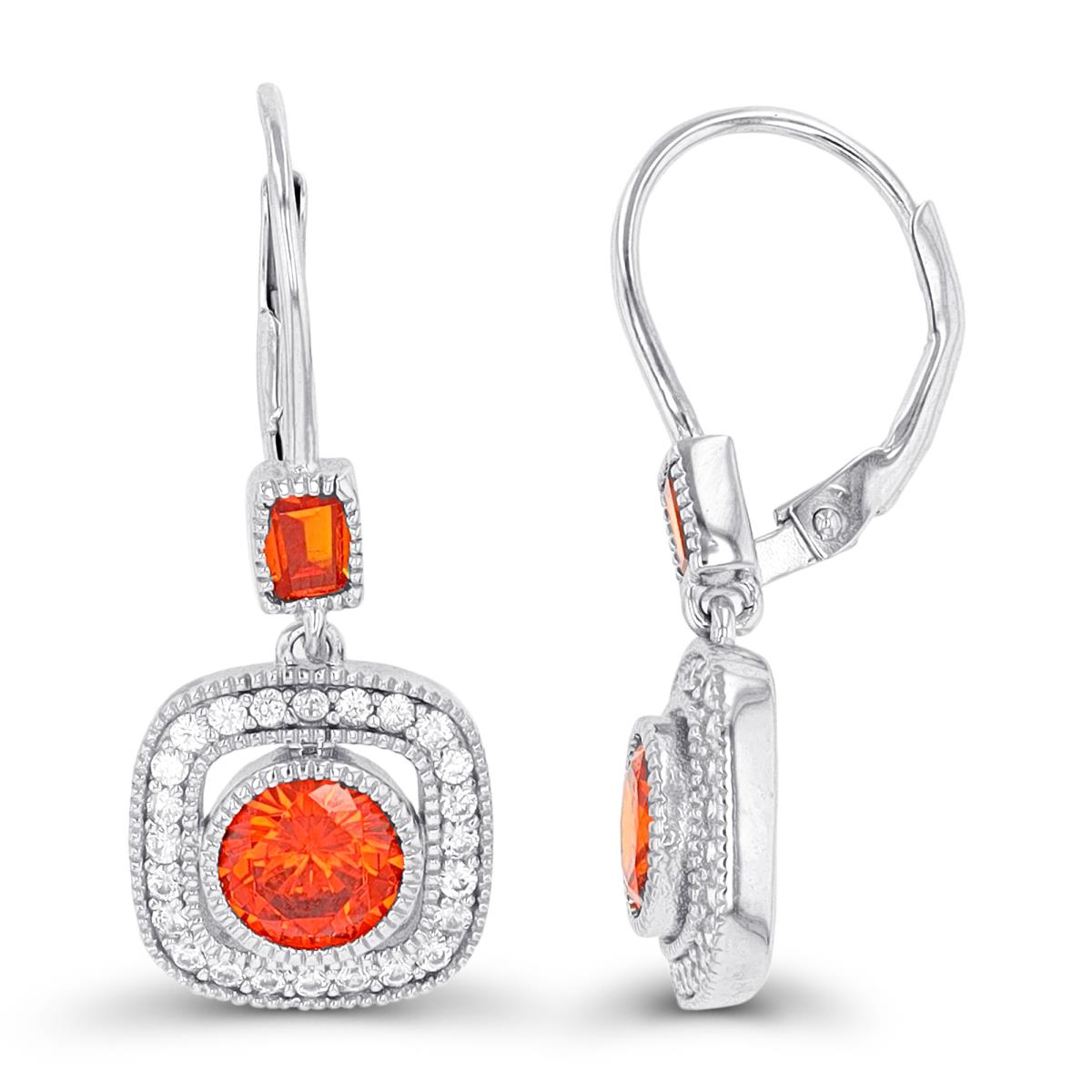Sterling Silver Rhodium 6mm Orange Rd & White CZ Cushion Shaped Lever Back Earring