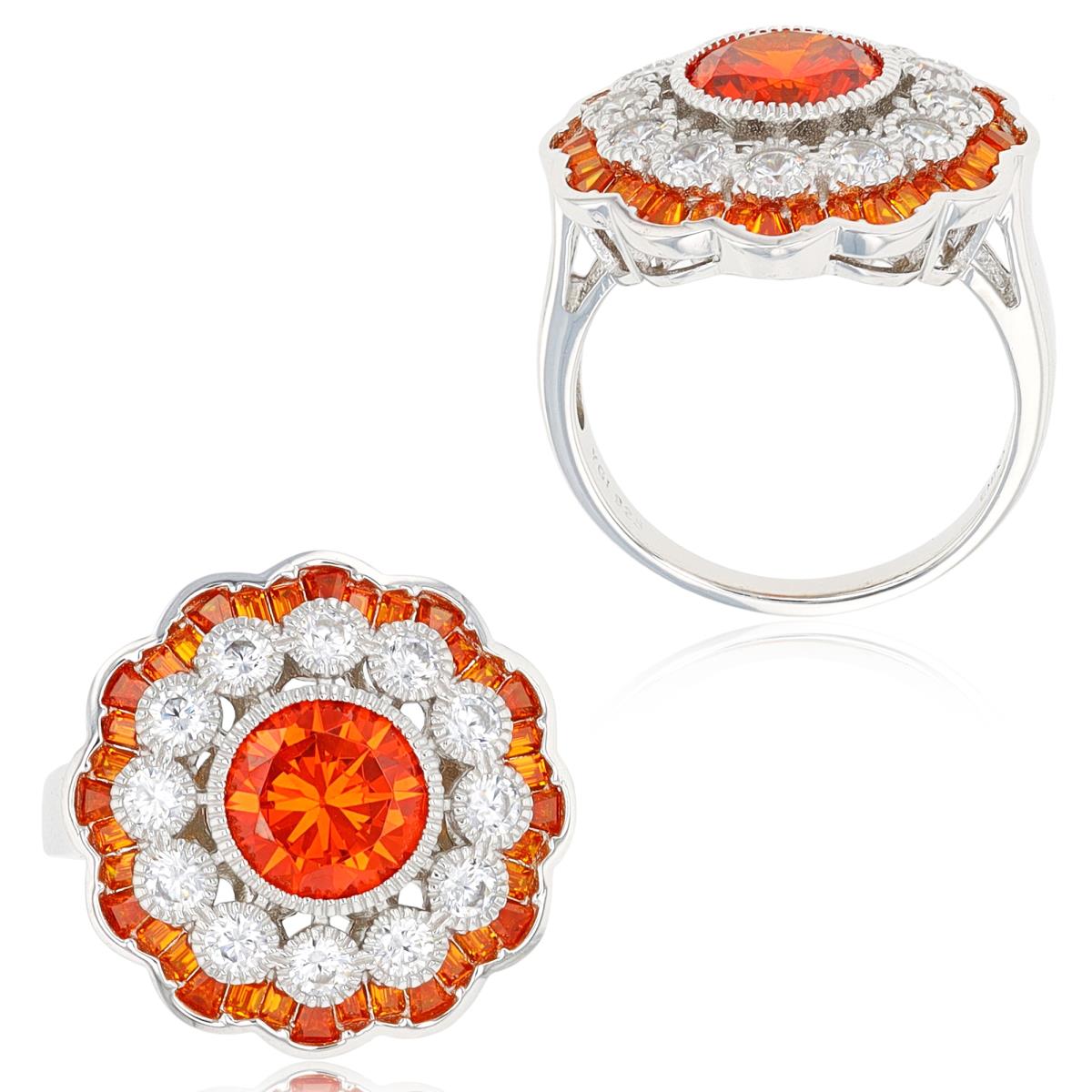 Sterling Silver Rhodium Orange & White CZ Milgrain Flower Fashion Ring
