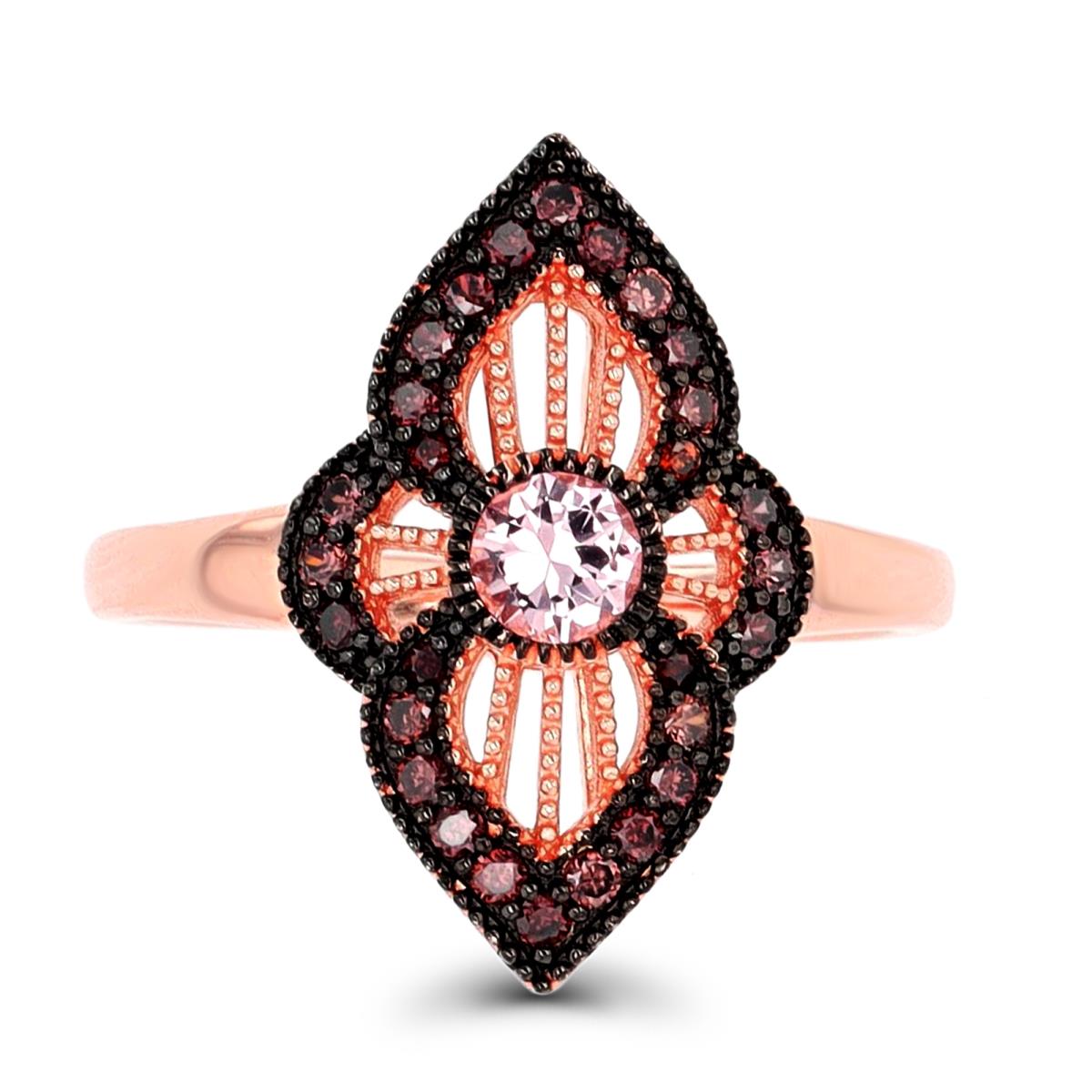 Sterling Silver Black & Rose Milgrain Morganite & Coffee CZ Flower Fashion Ring