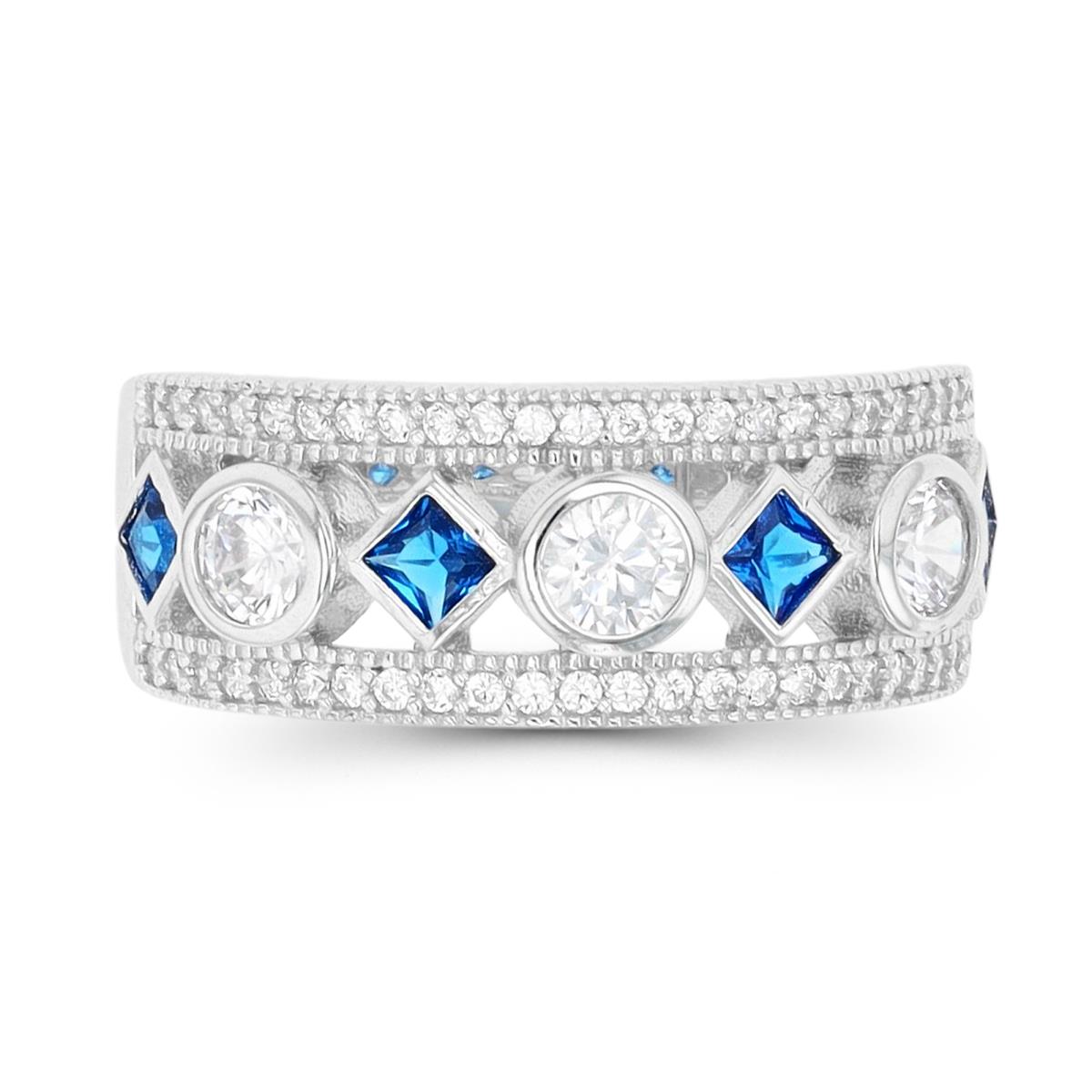 Sterling Silver Rhodium Geometric Bezel #113 Sapphire & White CZ Fashion Ring