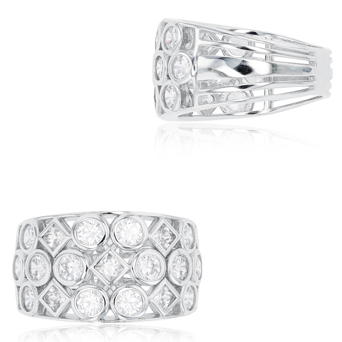 Sterling Silver Rhodium Rd & Sq Bezel Geometric Fashion Ring