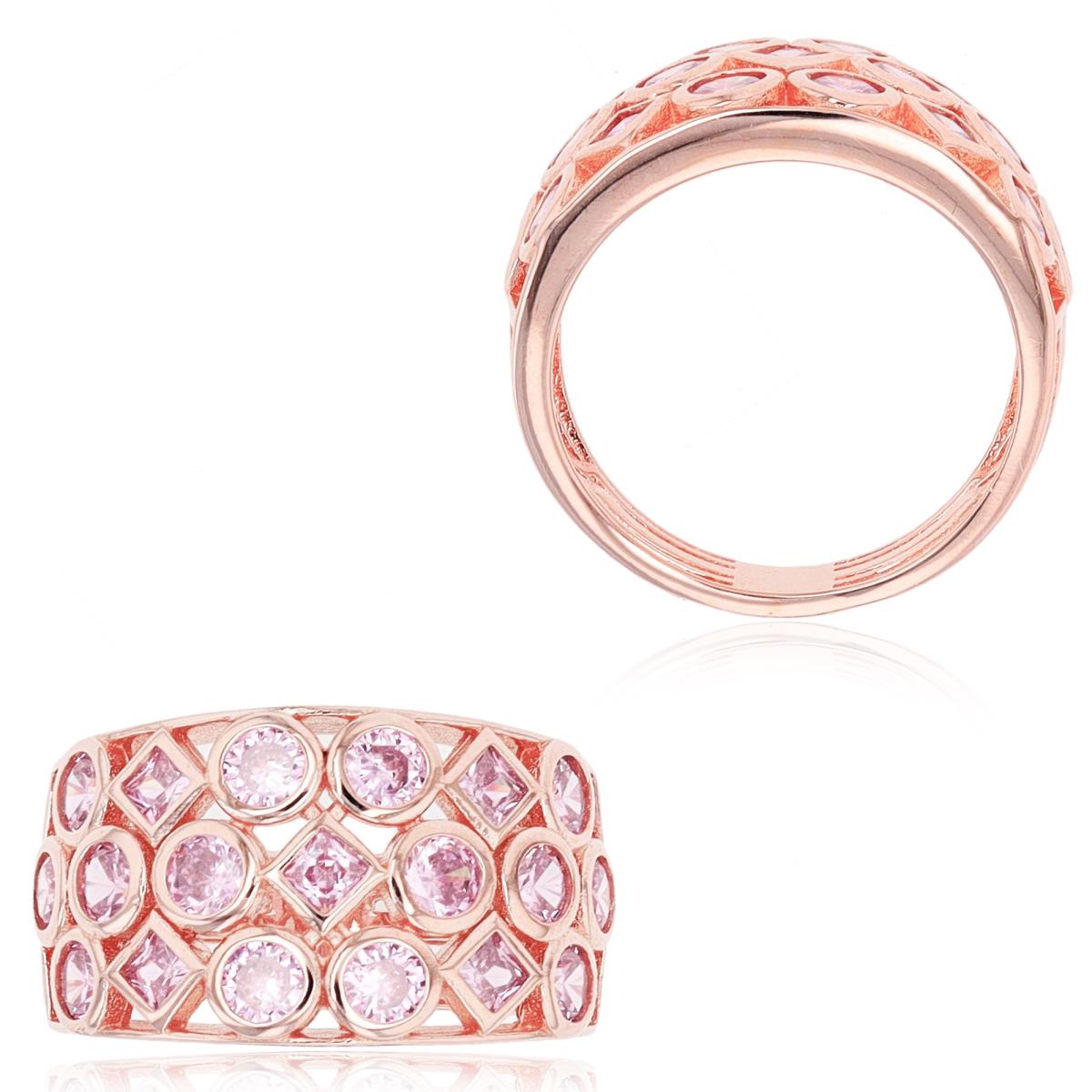 Sterling Silver Rose Rd & Sq Pink CZ Bezel Geometric Fashion Ring