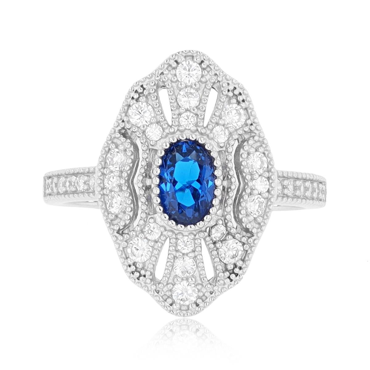 Sterling Silver Rhodium Milgrain #113 Sapphire & White CZ Oval Fashion Ring