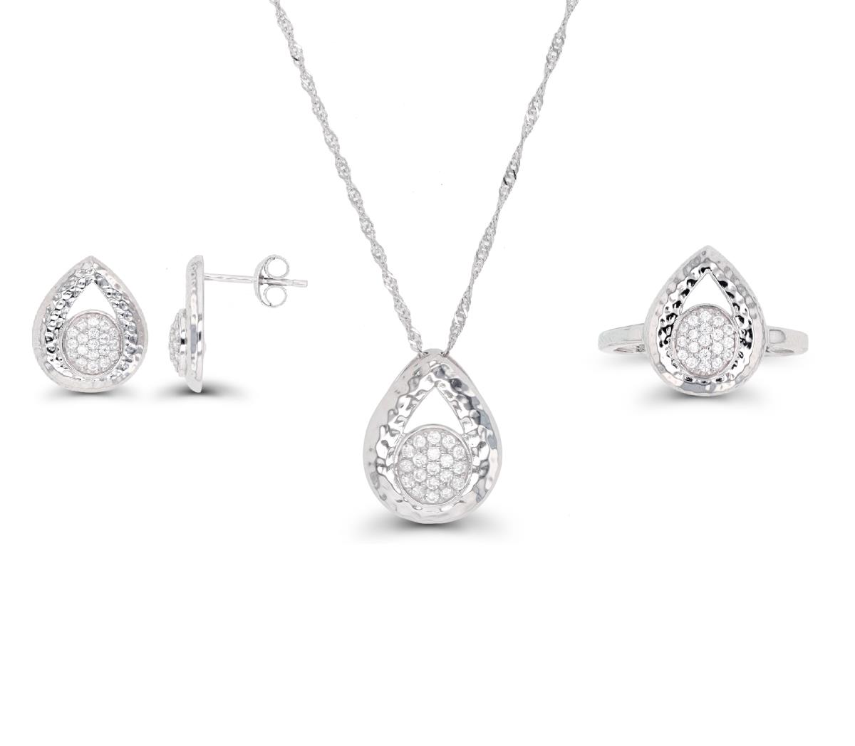 Sterling Silver Rhodium Paved CZ Hammered Pear Shaped 18"+2" Necklace/Ring/Earring Set