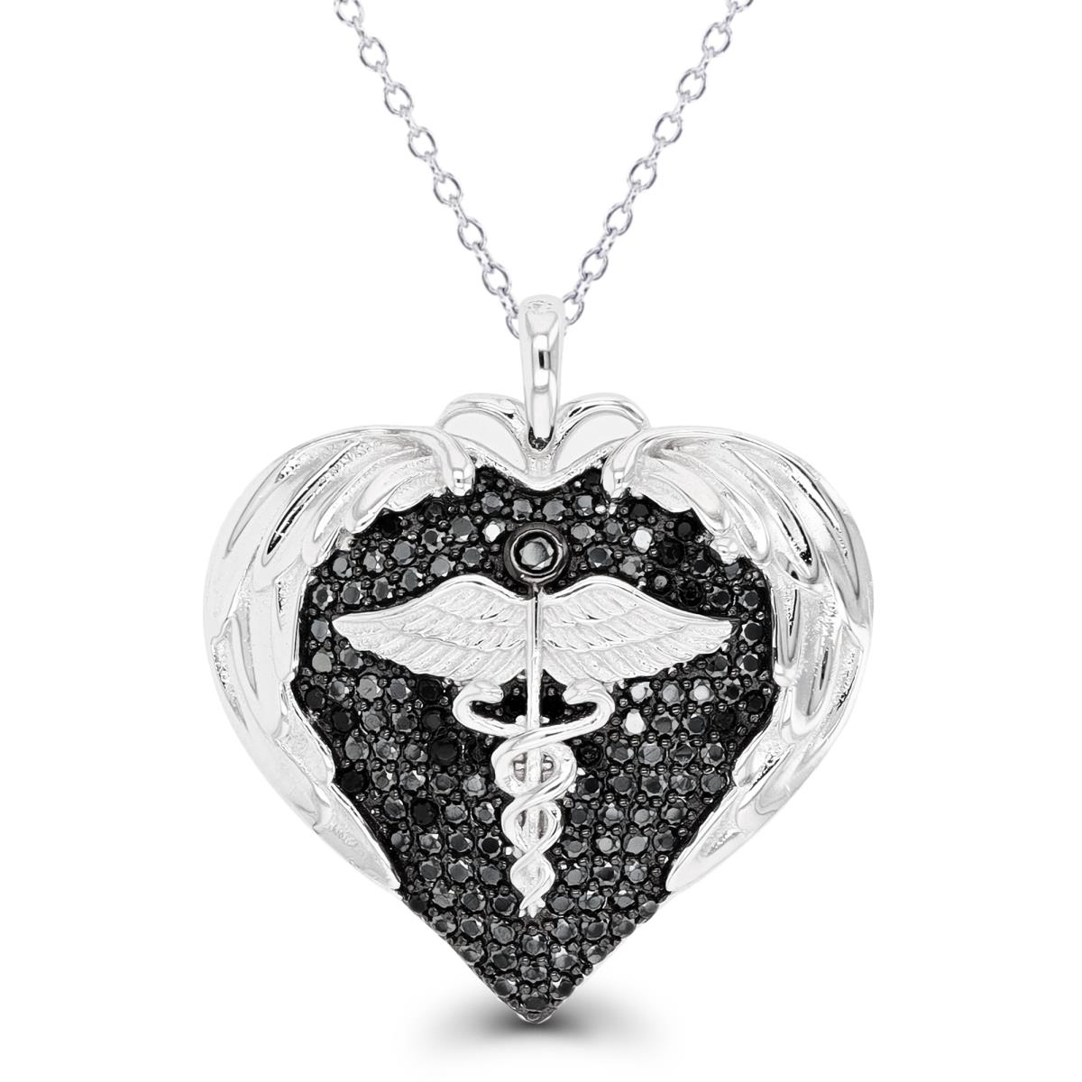 Sterling Silver Rhodium & Black Paved Caduceus Black Spinel Heart 18"+2" Singapore Necklace