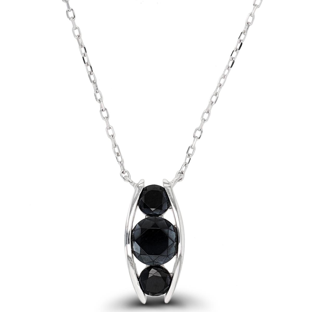 Sterling Silver Rhodium Triple Round Black Spinel Channel 18"+2" Necklace