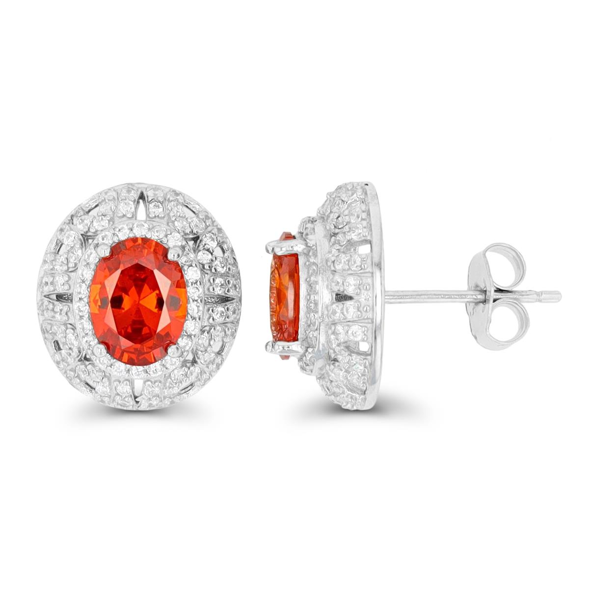 Sterling Silver Rhodium 8x6mm Oval Orange & Rd White CZ Domed Stud Earring