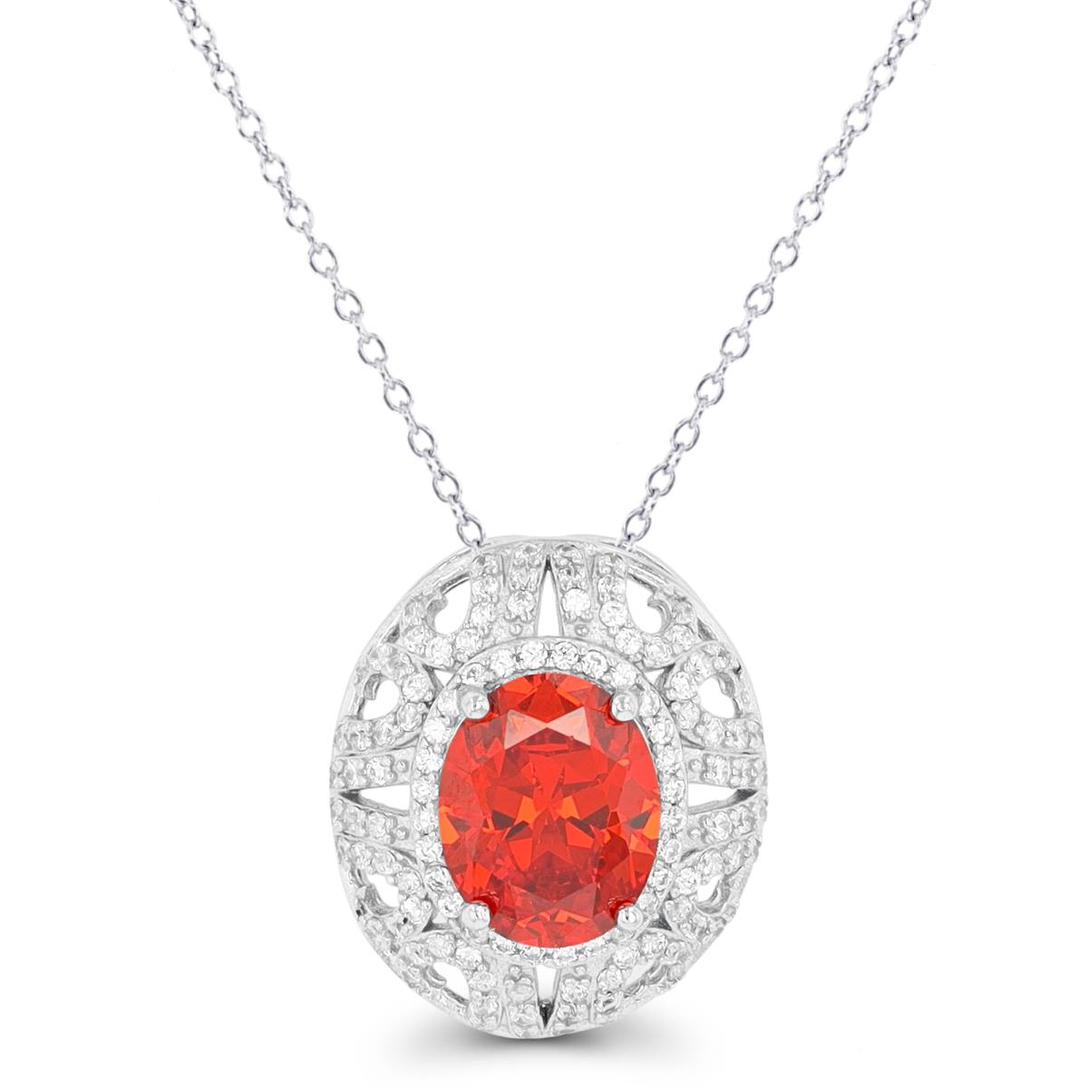 Sterling Silver Rhodium 10x8mm Ov Orange & Rd White CZ Dome 18" Necklace