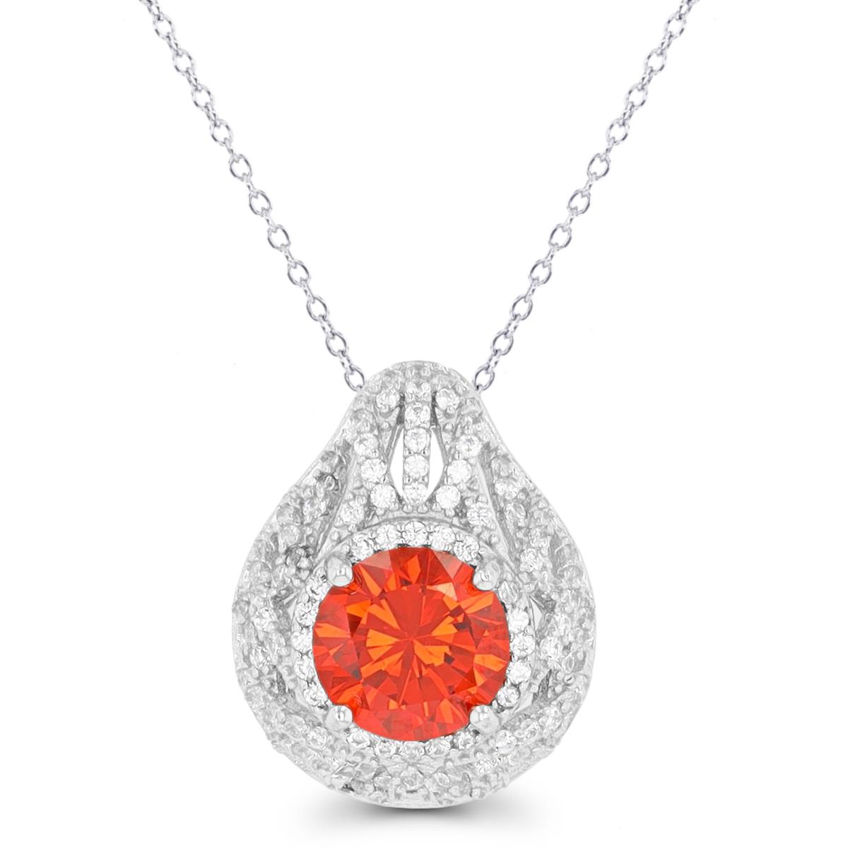Sterling Silver Rhodium 8mm Rd Orange & White CZ Domed 18" Necklace