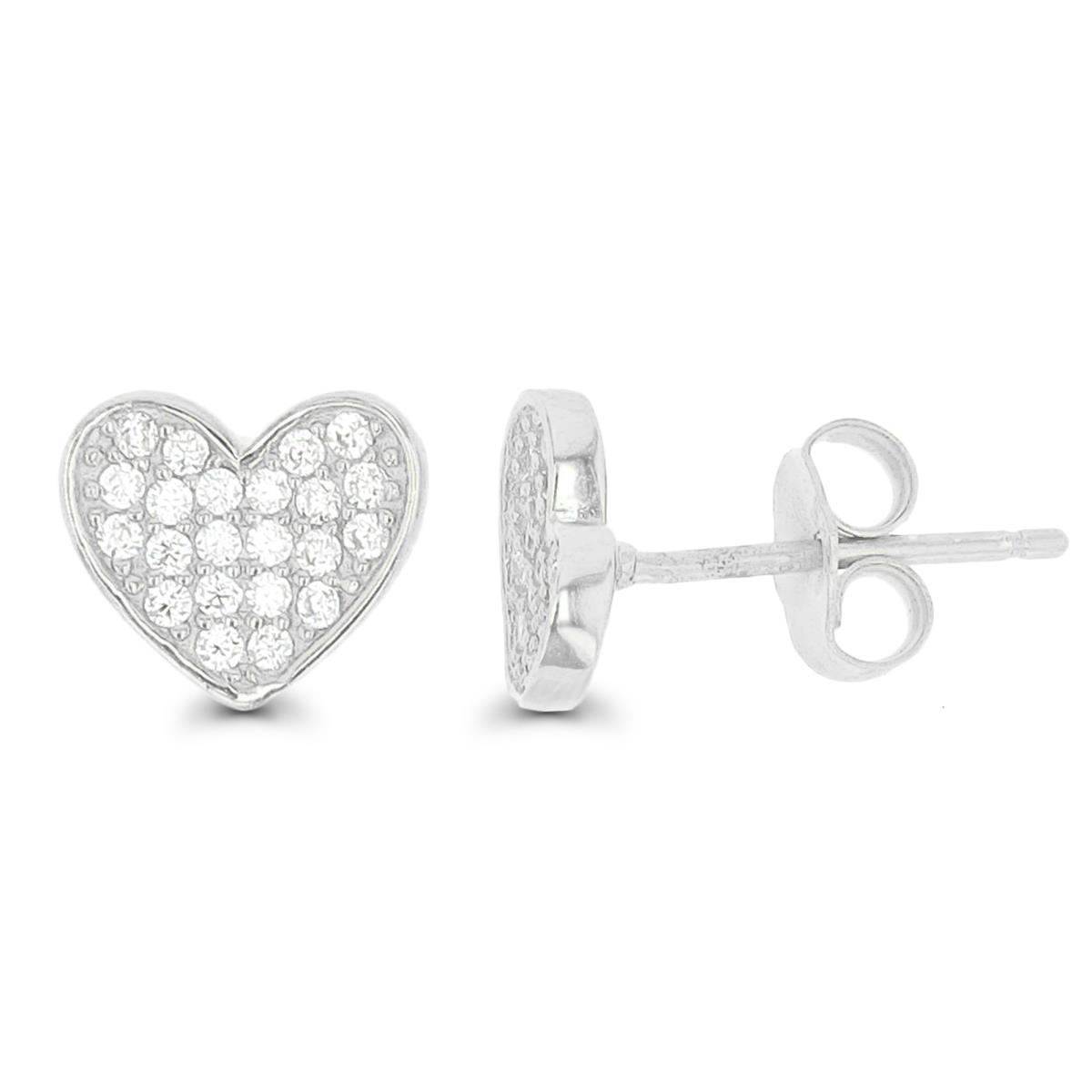 Sterling Silver Rhodium 8mm Pave Heart Stud Earring