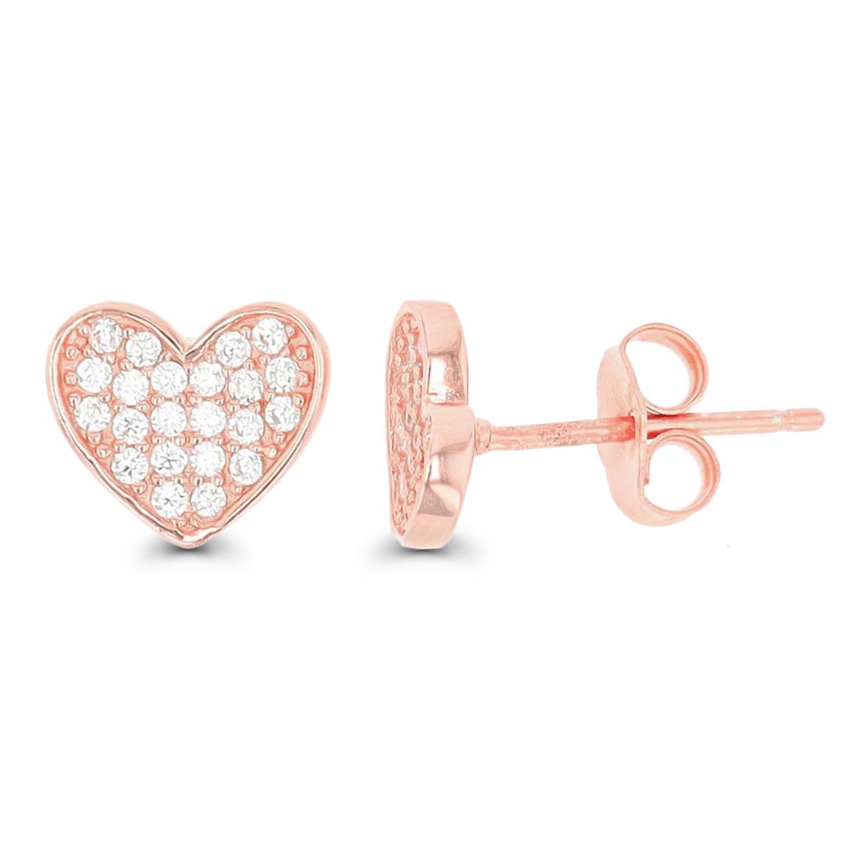 Sterling Silver Rose 8mm Pave Heart Stud Earring