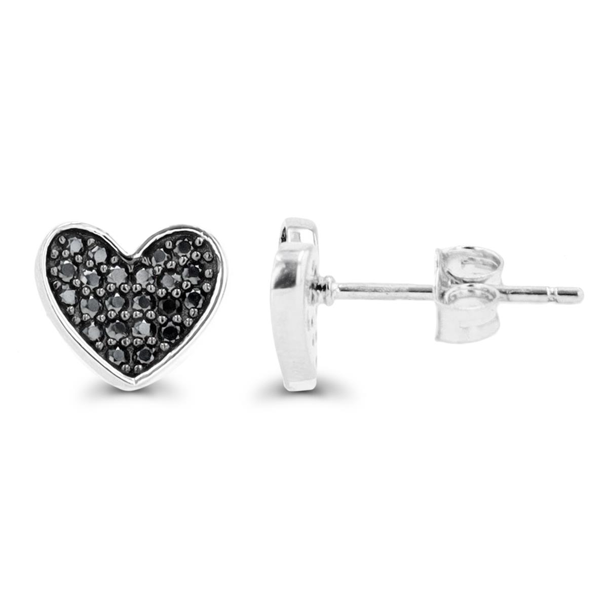 Sterling Silver Rhodium & Black 8mm Pave Black Spinel Heart Stud Earring