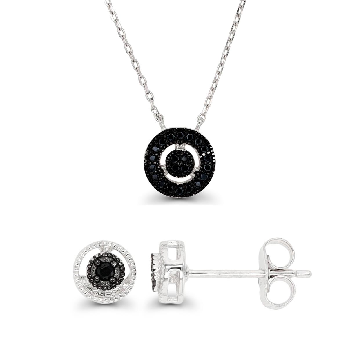 Sterling Silver Rhodium & Black Paved Black Spinel Round 18"+2" Necklace & Earring Set