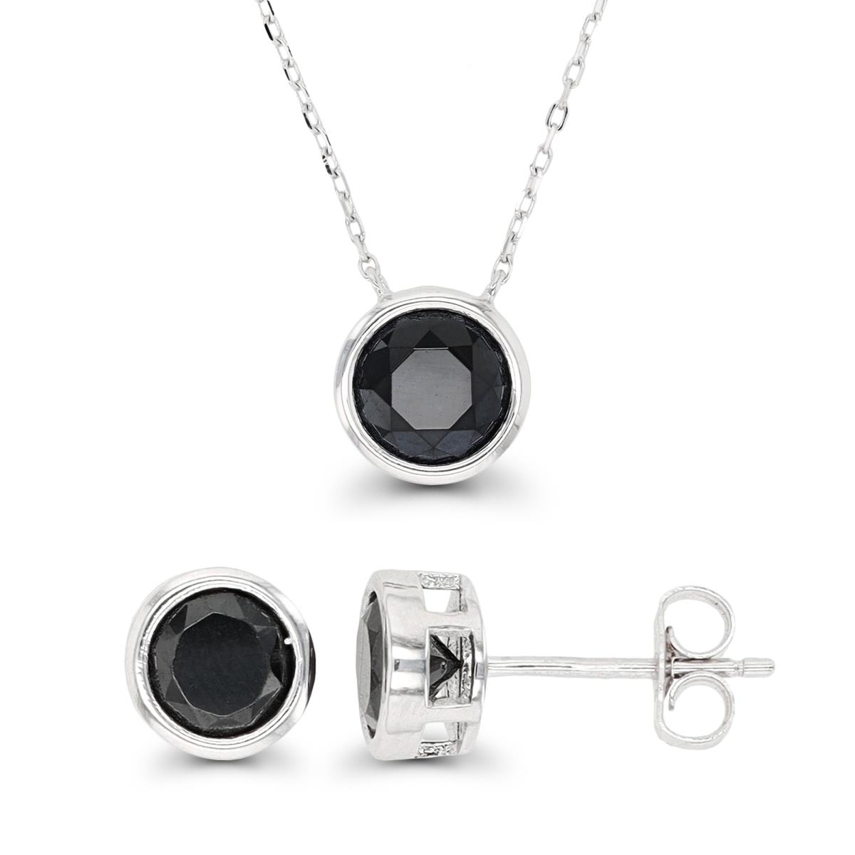 Sterling Silver Rhodium Rd Black Spinel Bezel 18"+2" Necklace & Earring Set