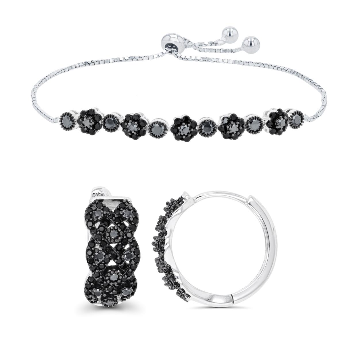 Sterling Silver Rhodium & Black Rnd Black Spinel Huggie Earring & Adjustable Bracelet Set