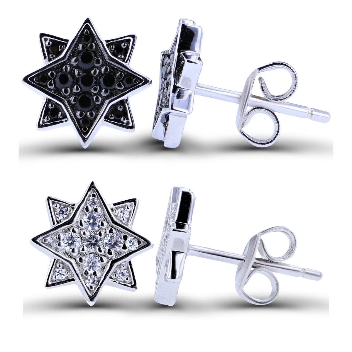 Sterling Silver Rhodium White Zircon/Black Spinel Paved Starburst Earring Set