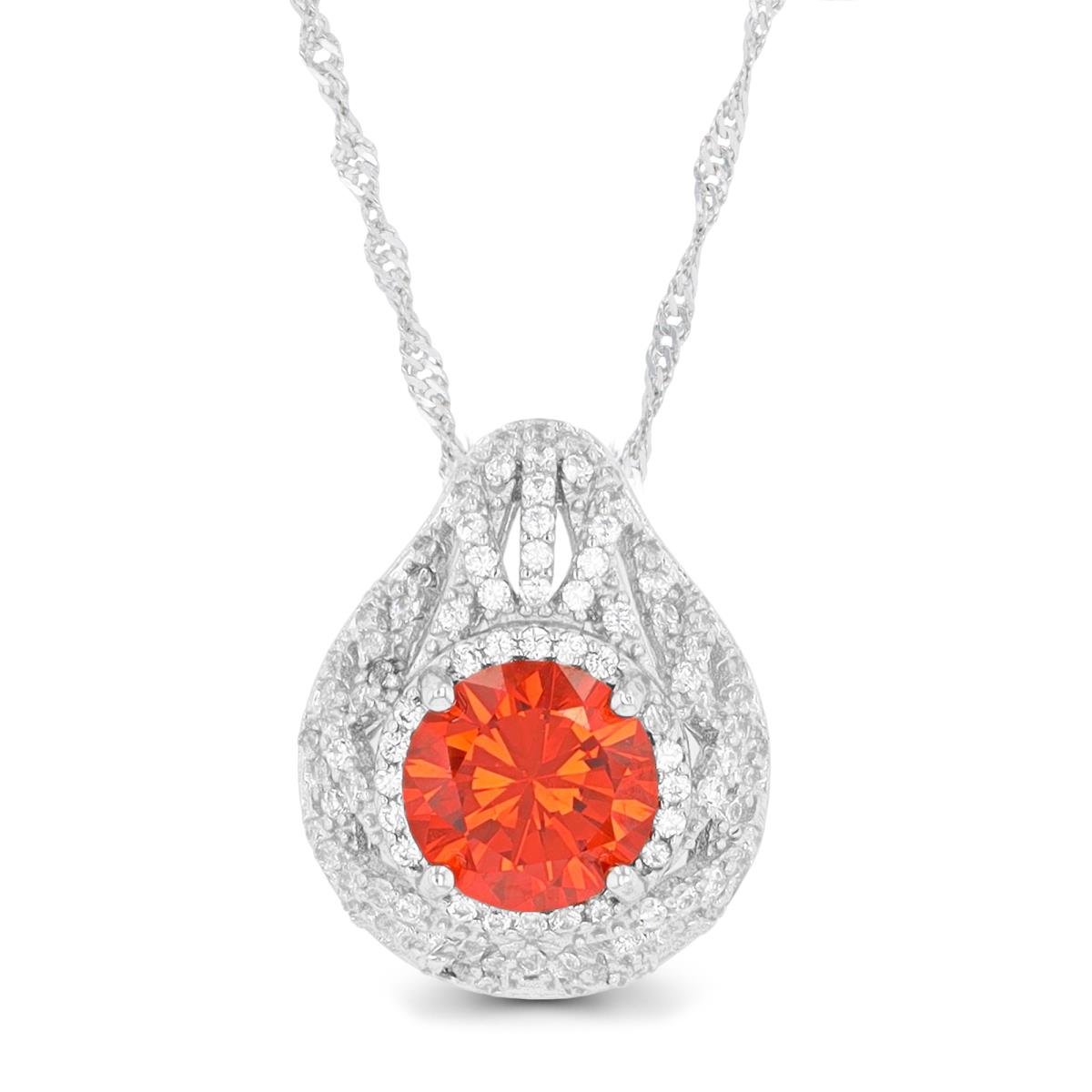 Sterling Silver Rhodium 8mm Rd Orange & White CZ Domed 18"+2" Singapore Necklace