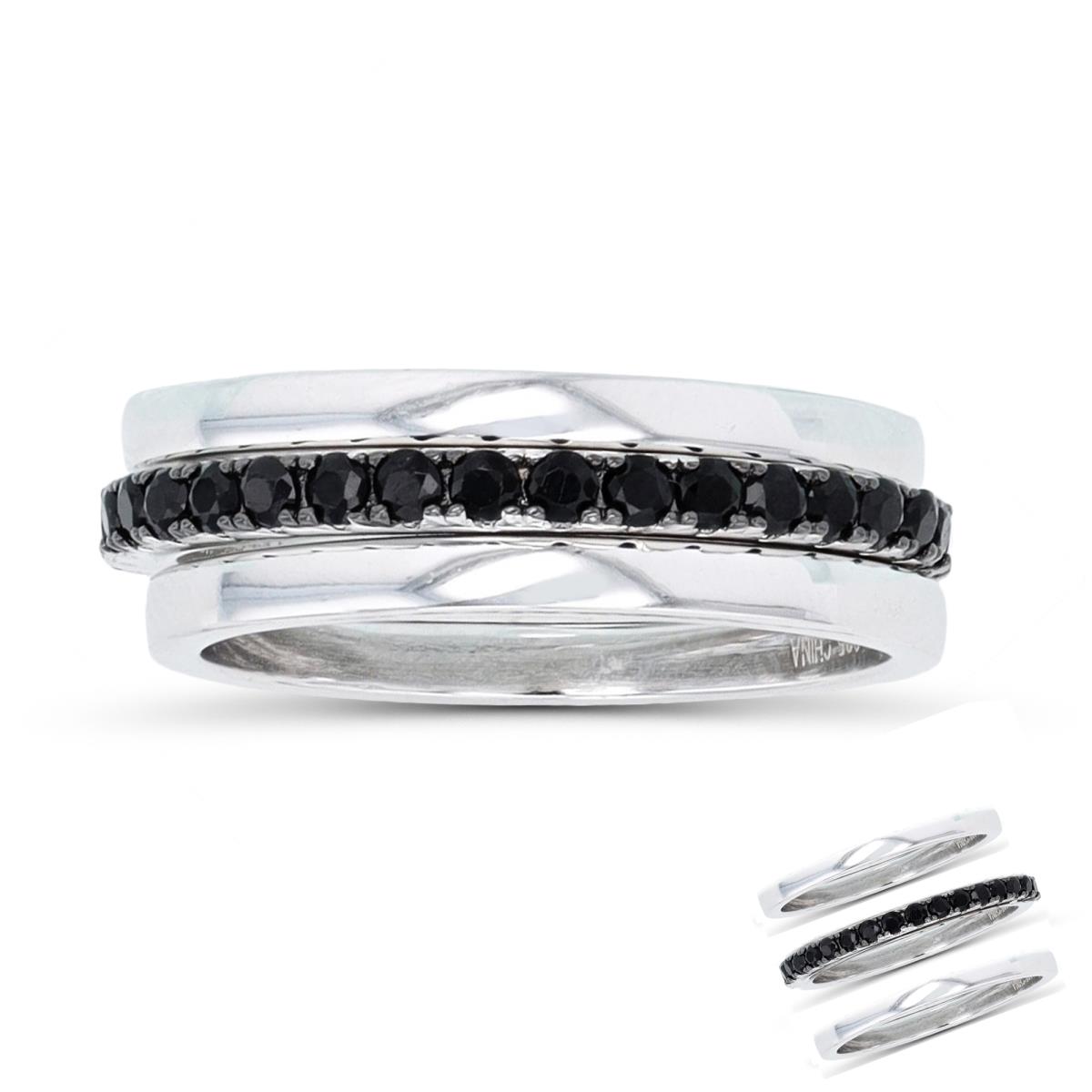 Sterling Silver Rhodium & Black Rnd Black Spinel & Two Plain Bands Set