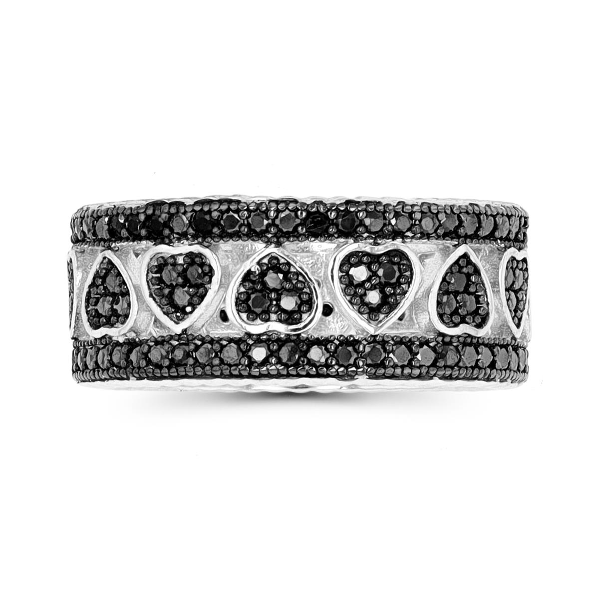 Sterling Silver Rhodium & Black Paved Black Spinel Hearts Eternity Ring