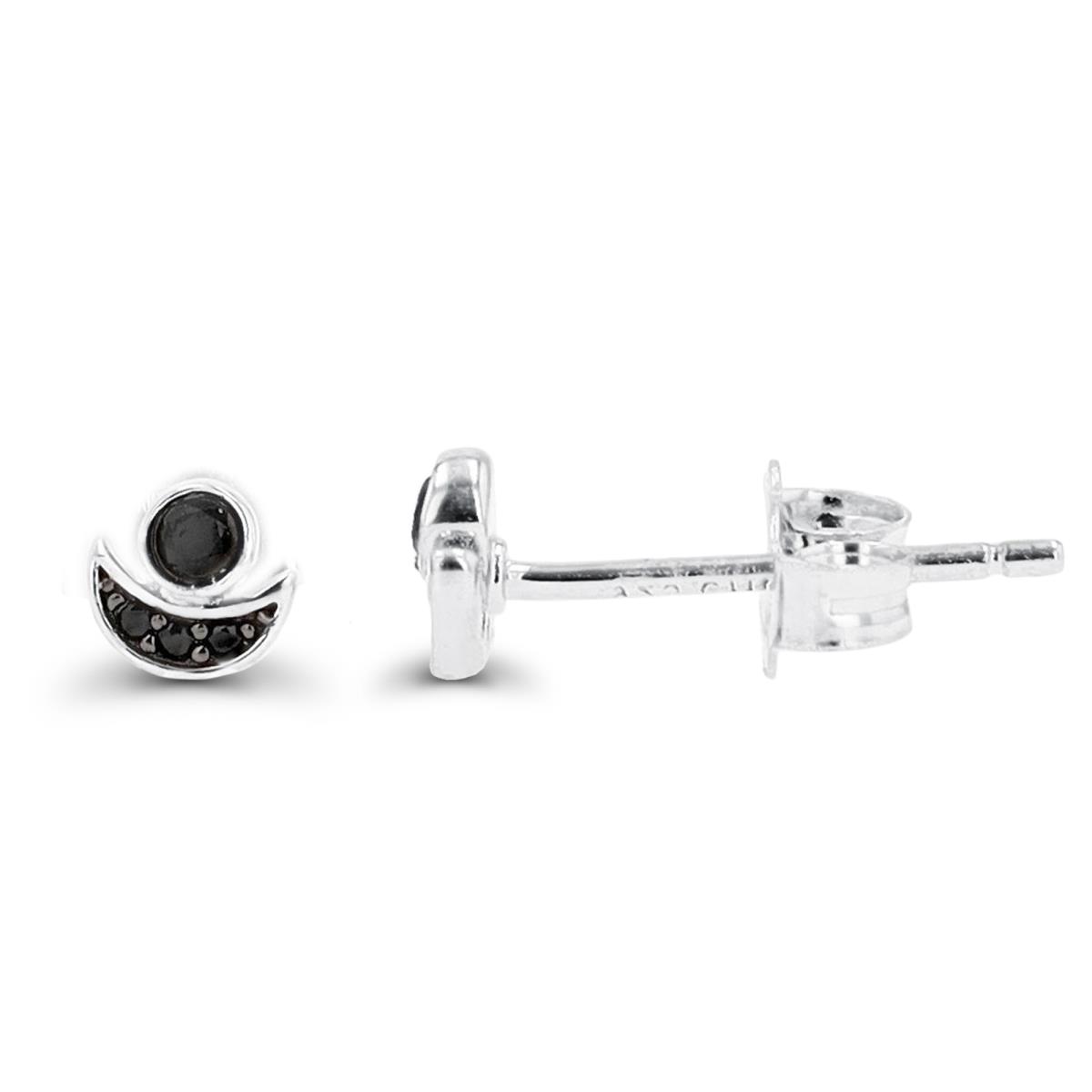 Sterling Silver Black & Rhodium Black Spinel Circle & Crescent Moon Stud Earring