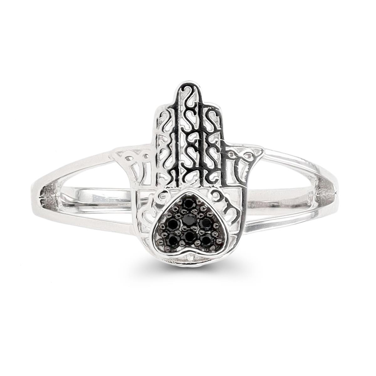 Sterling Silver Black & Rhodium Black Spinel Hamsa Ring