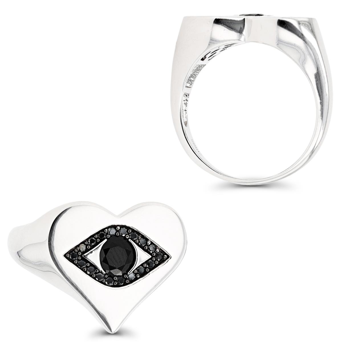 Sterling Silver Black & Rhodium Black Spinel Evil Eye Polished Heart Ring