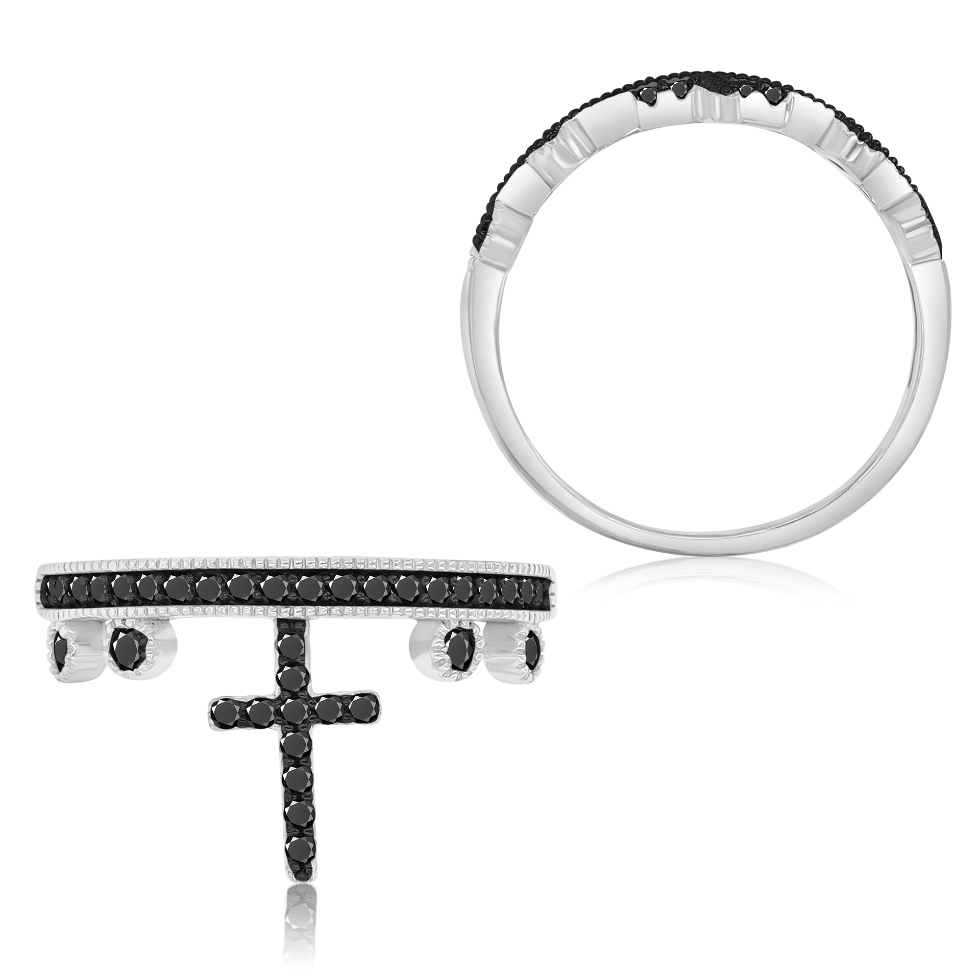 Sterling Silver Black & Rhodium Black Spinel Cross Crown Ring