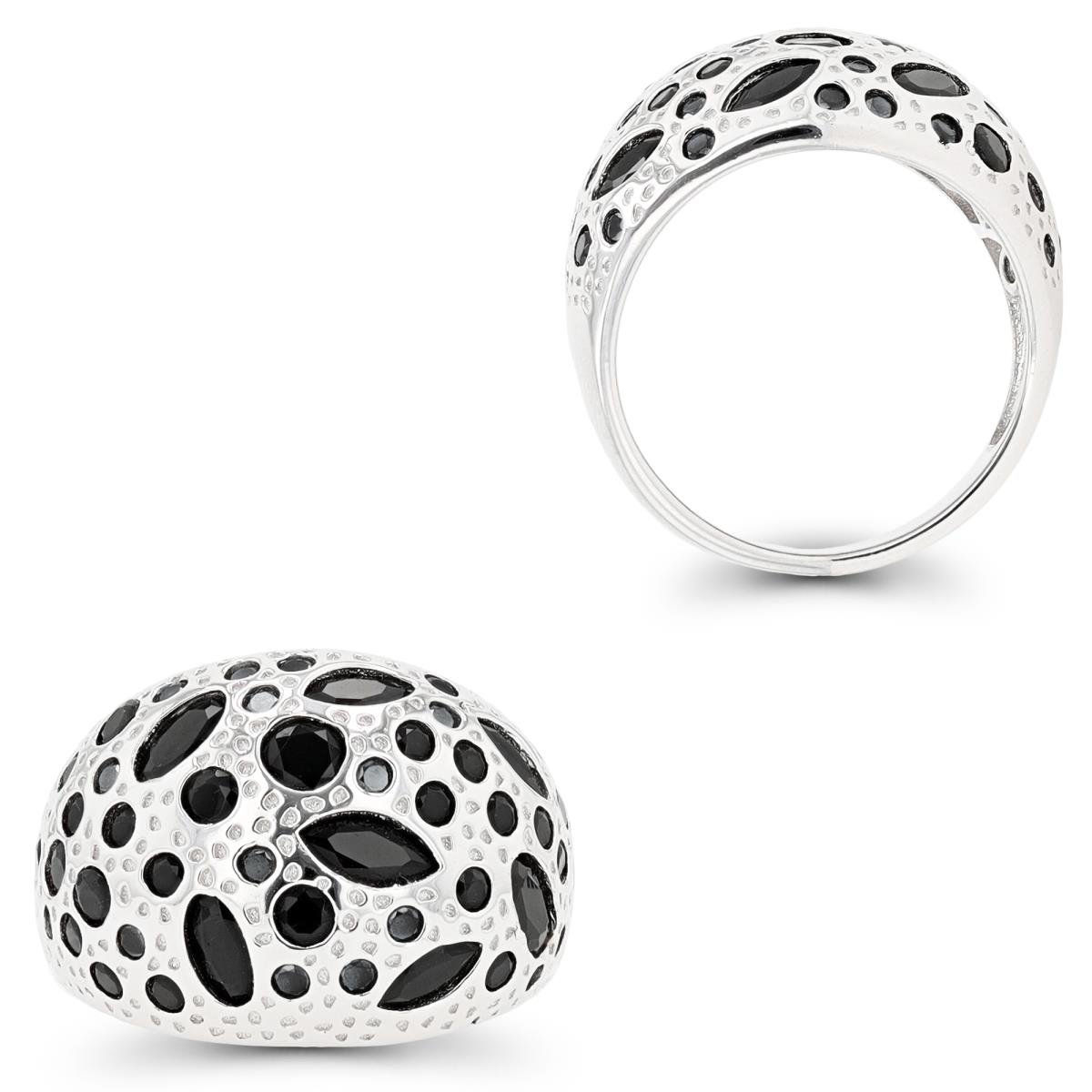 Sterling Silver Rhodium Multi Cut Black Spinel Domed Fashion Ring