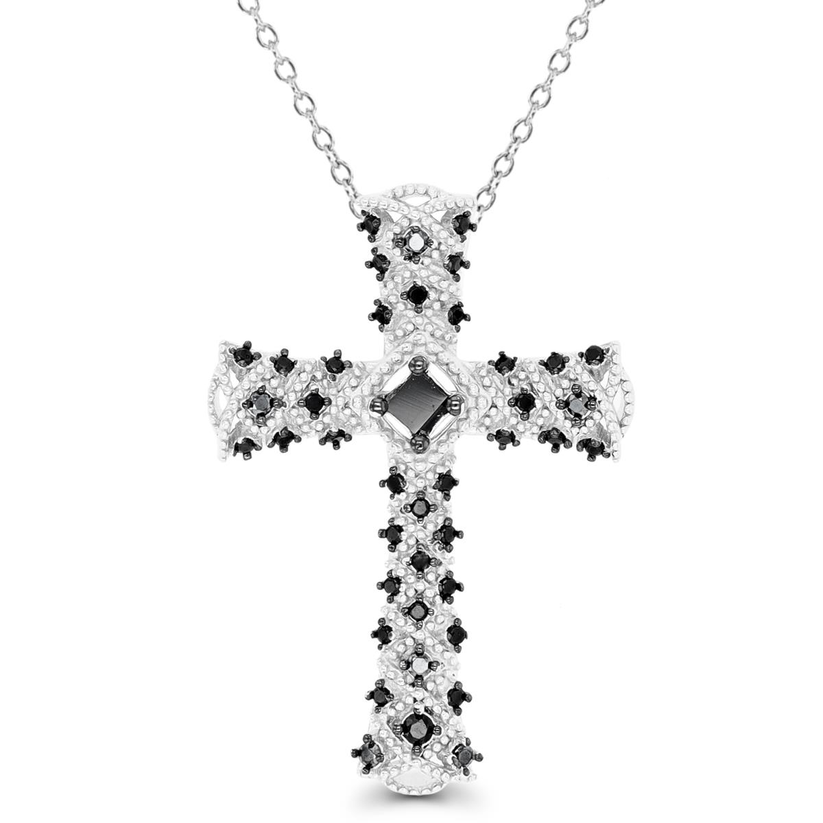 Sterling Silver Black & Rhodium Black Spinel Milgrain Cross 18" Necklace
