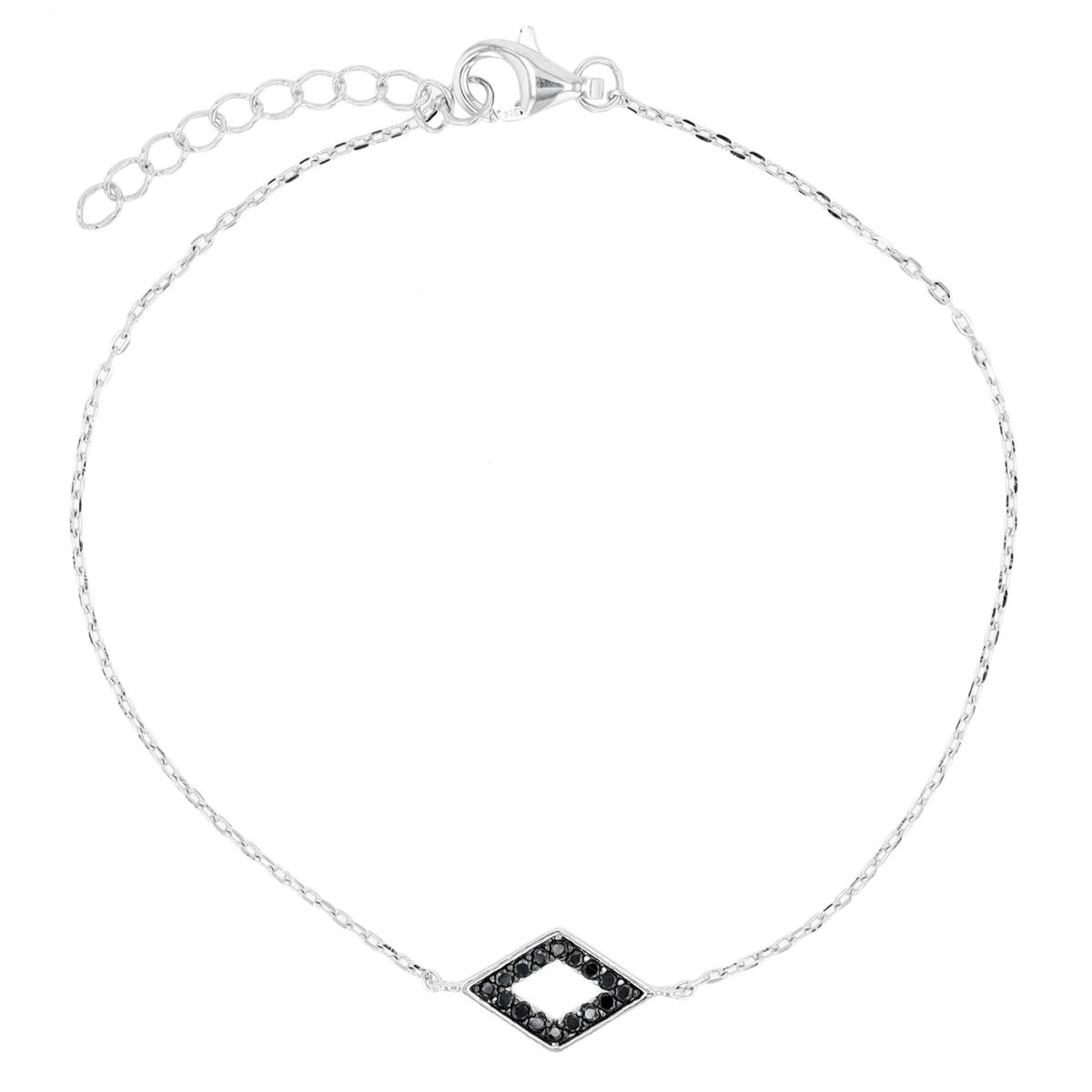 Sterling Silver Rhodium Black Spinel Rhombus 7"+1" Bracelet